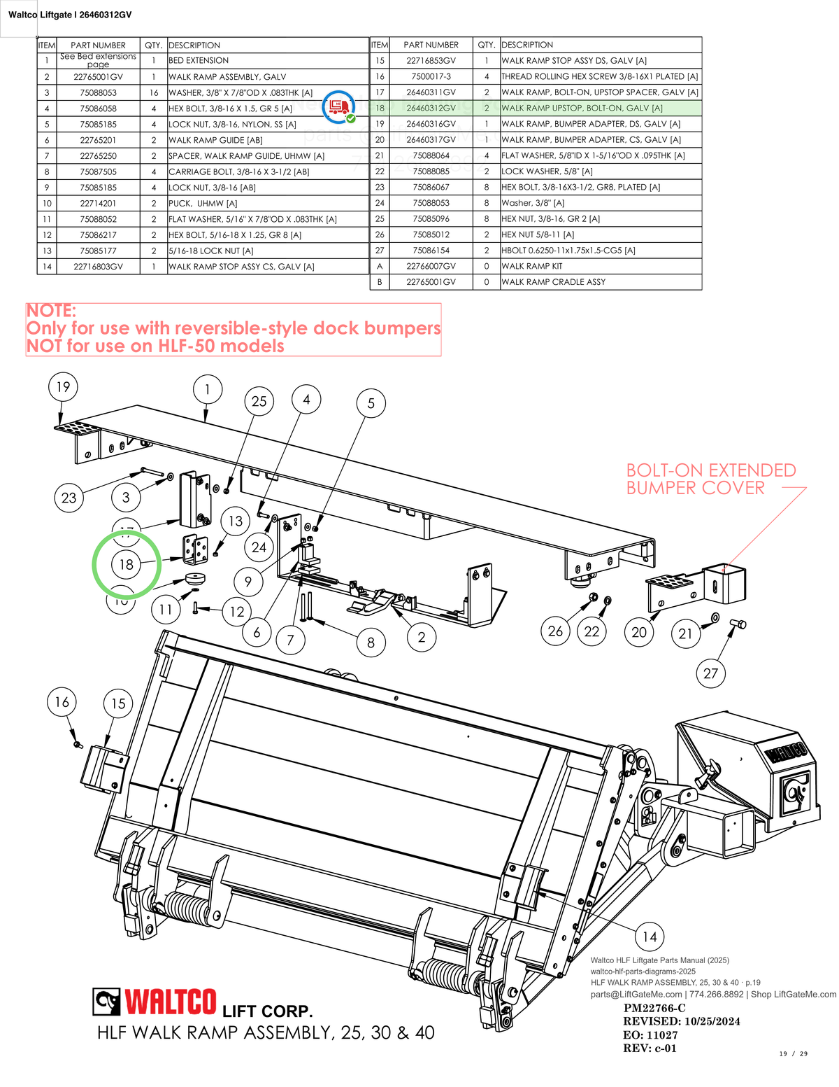 Waltco Liftgate | 26460312gv — HLF WALK RAMP ASSEMBLY, 25, 30 & 40 · p.19 (Waltco HLF Parts Manual)