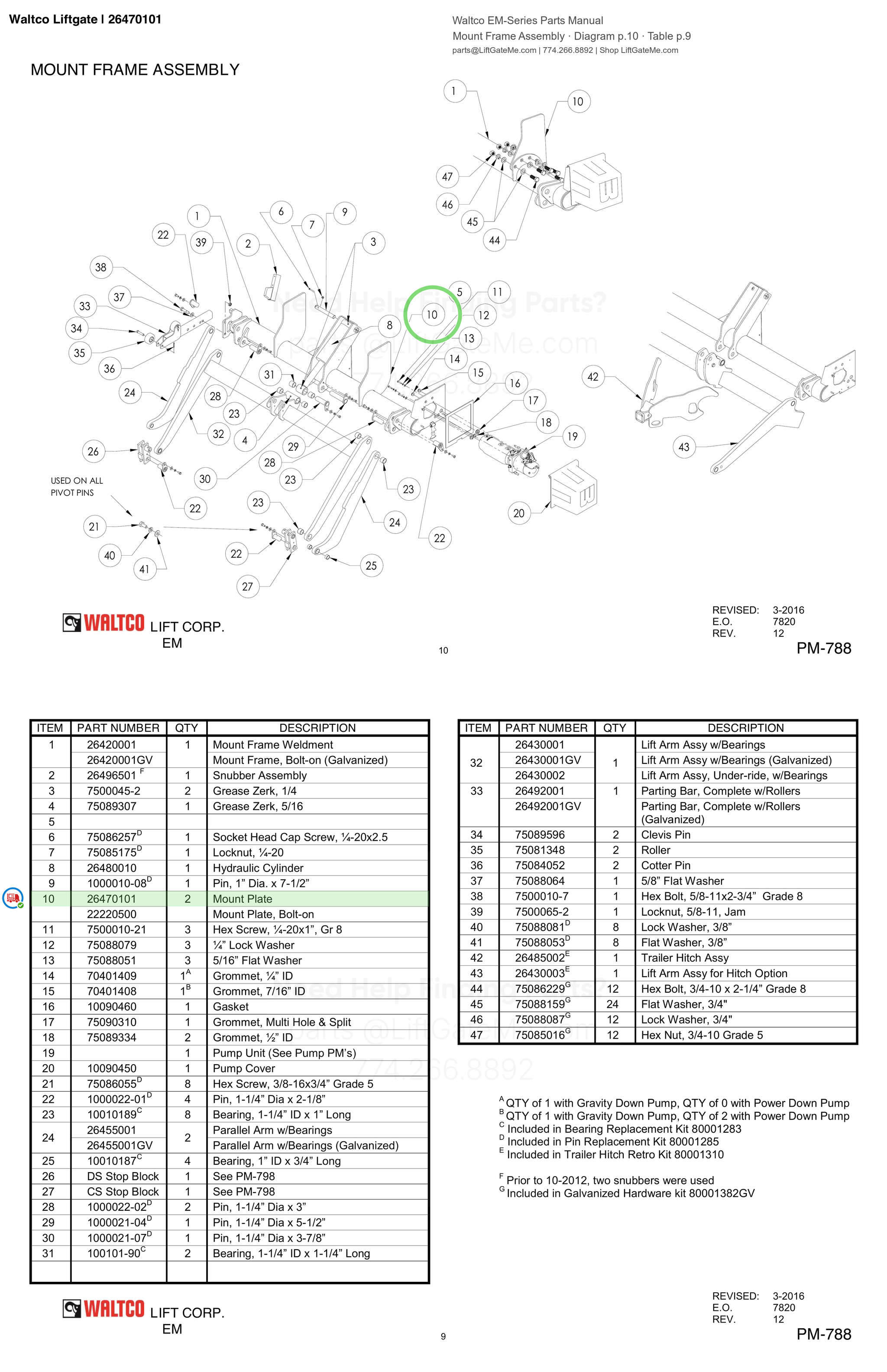 Waltco Liftgate | 26470101 — Mount Frame Assembly · Diagram p.10 · Table p.9 (Waltco EM-Series Parts Manual)