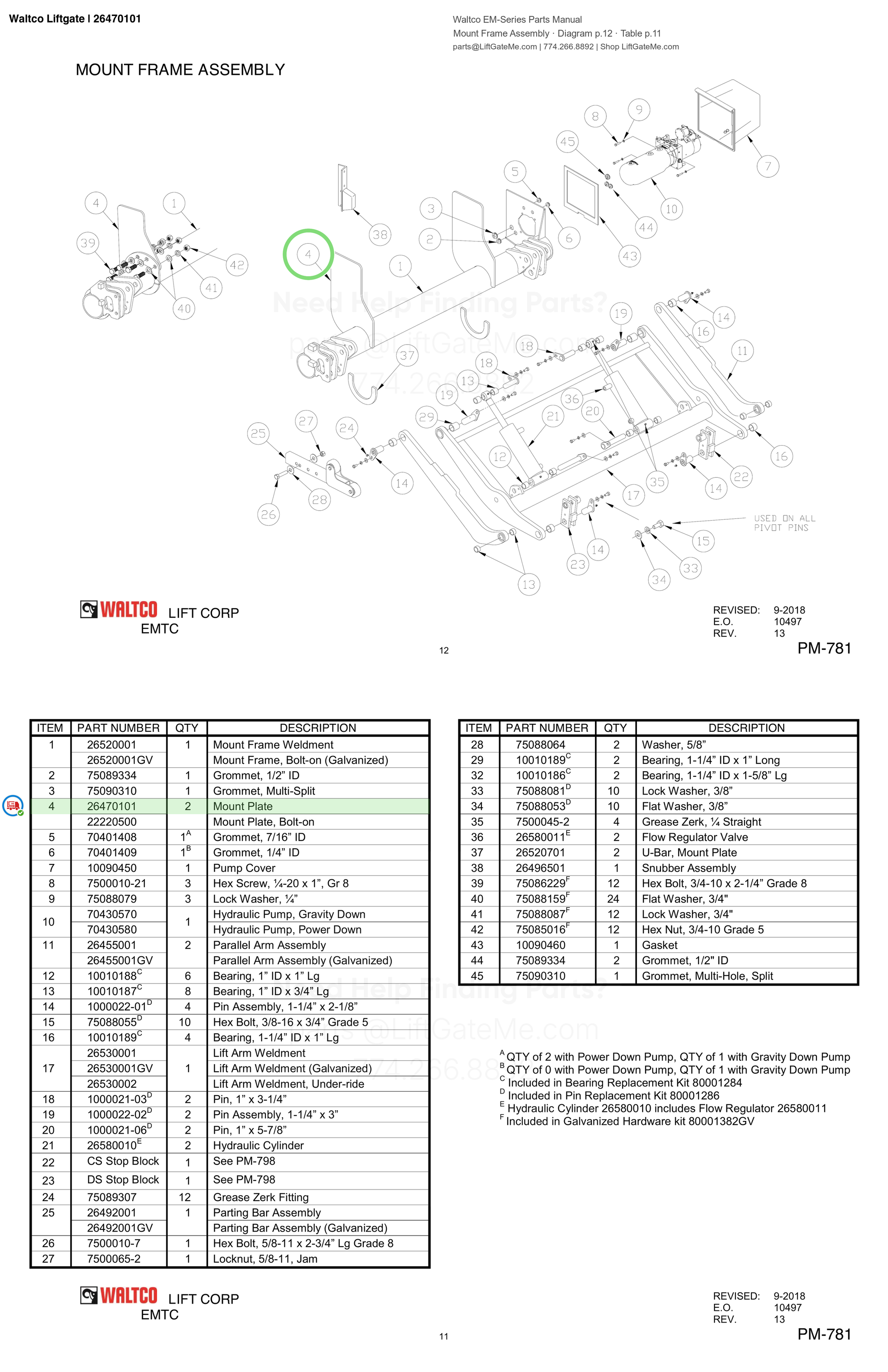 Waltco Liftgate | 26470101 — Mount Frame Assembly · Diagram p.12 · Table p.11 (Waltco EM-Series Parts Manual)