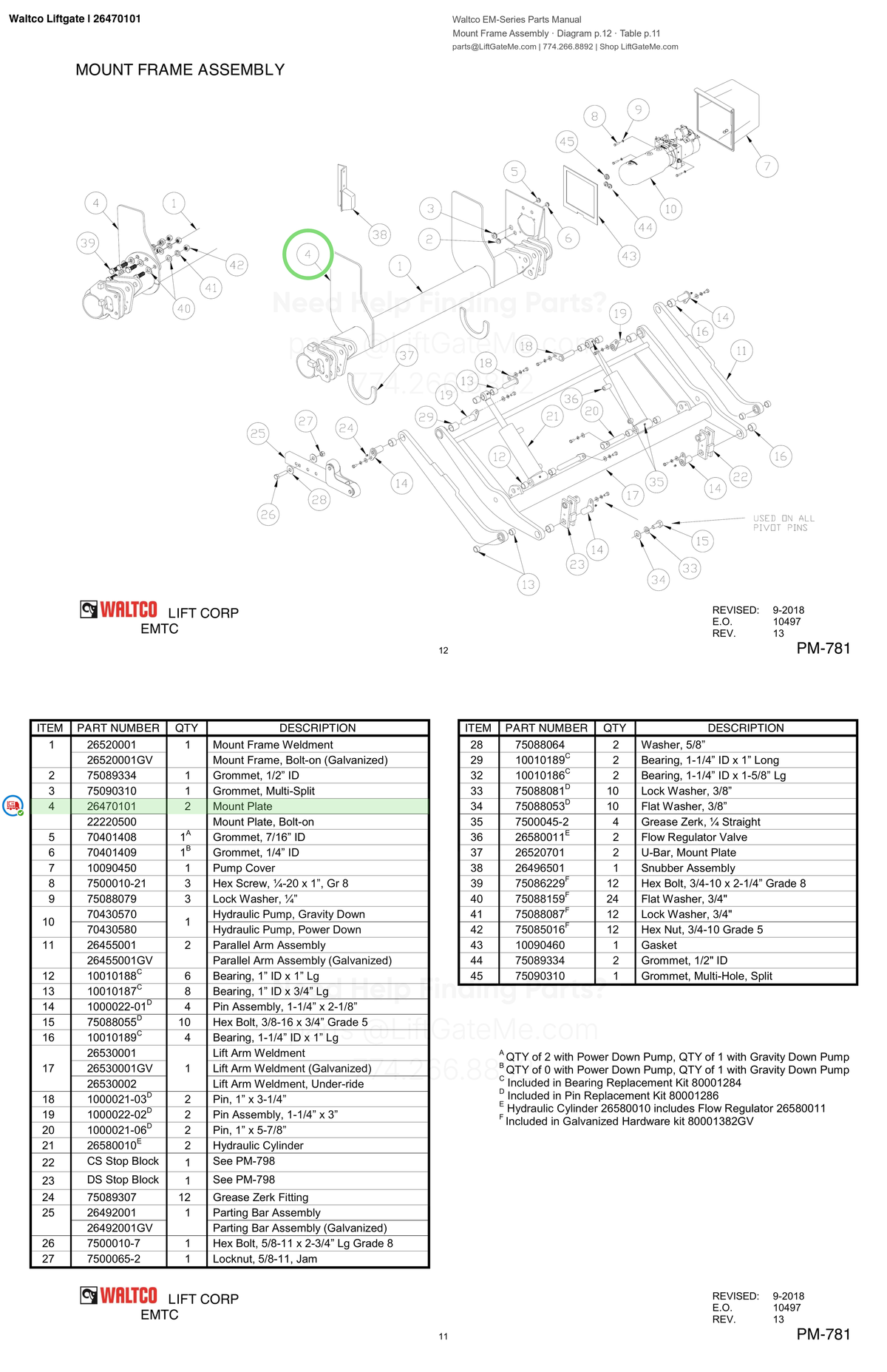 Waltco Liftgate | 26470101 — Mount Frame Assembly · Diagram p.12 · Table p.11 (Waltco EM-Series Parts Manual)