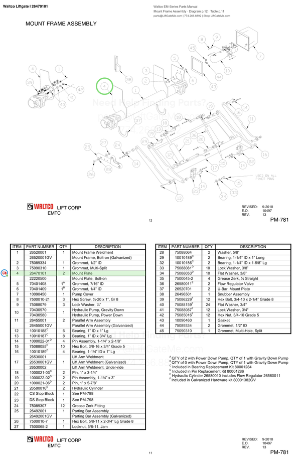 Waltco Liftgate | 26470101 — Mount Frame Assembly · Diagram p.12 · Table p.11 (Waltco EM-Series Parts Manual)