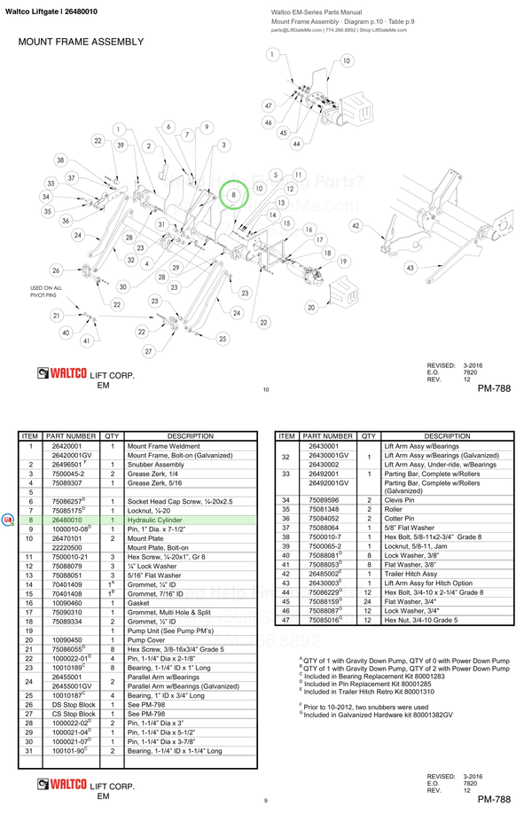 Waltco Liftgate | 26480010 — Mount Frame Assembly · Diagram p.10 · Table p.9 (Waltco EM-Series Parts Manual)