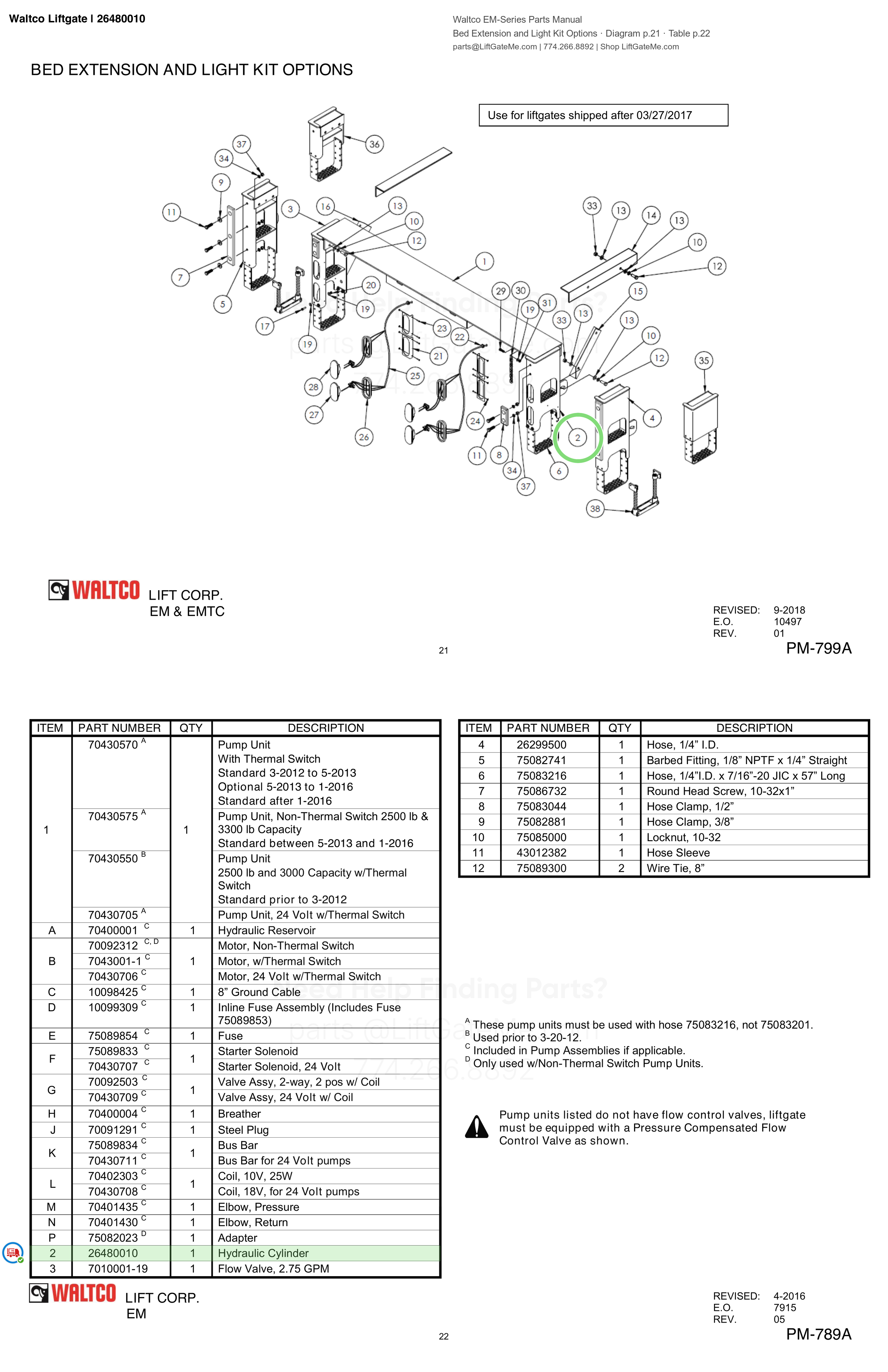 Waltco Liftgate | 26480010 — Bed Extension and Light Kit Options · Diagram p.21 · Table p.22 (Waltco EM-Series Parts Manual)