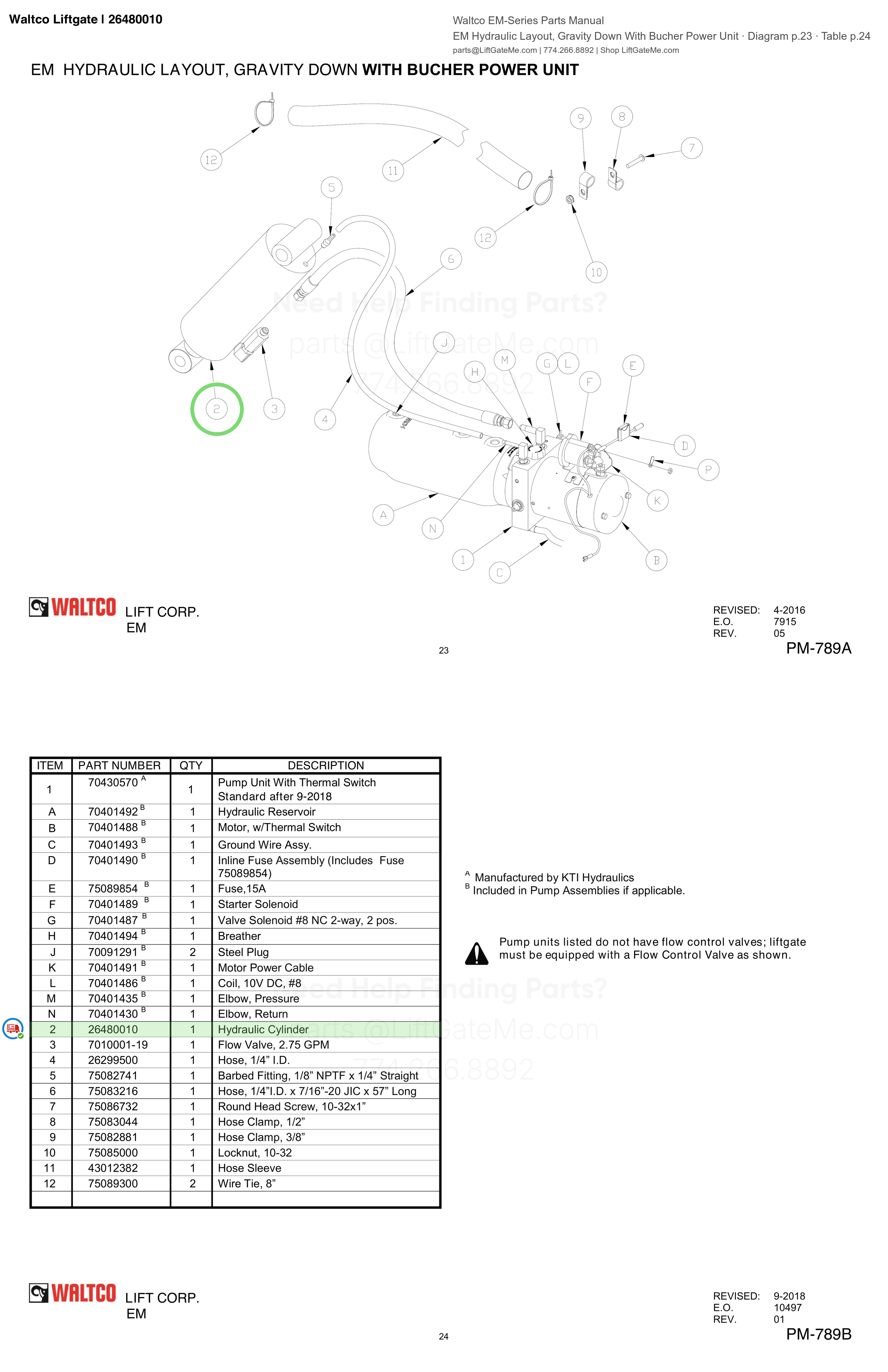 Waltco Liftgate | 26480010 — EM Hydraulic Layout, Gravity Down With Bucher Power Unit · Diagram p.23 · Table p.24 (Waltco EM-Series Parts Manual)