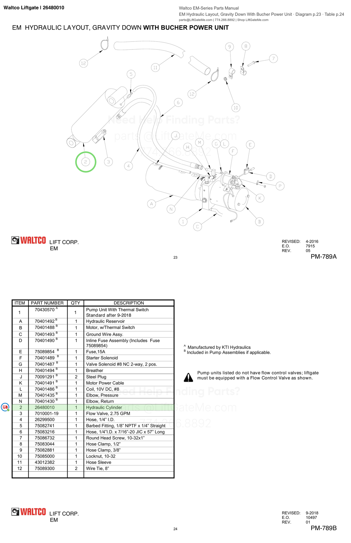 Waltco Liftgate | 26480010 — EM Hydraulic Layout, Gravity Down With Bucher Power Unit · Diagram p.23 · Table p.24 (Waltco EM-Series Parts Manual)