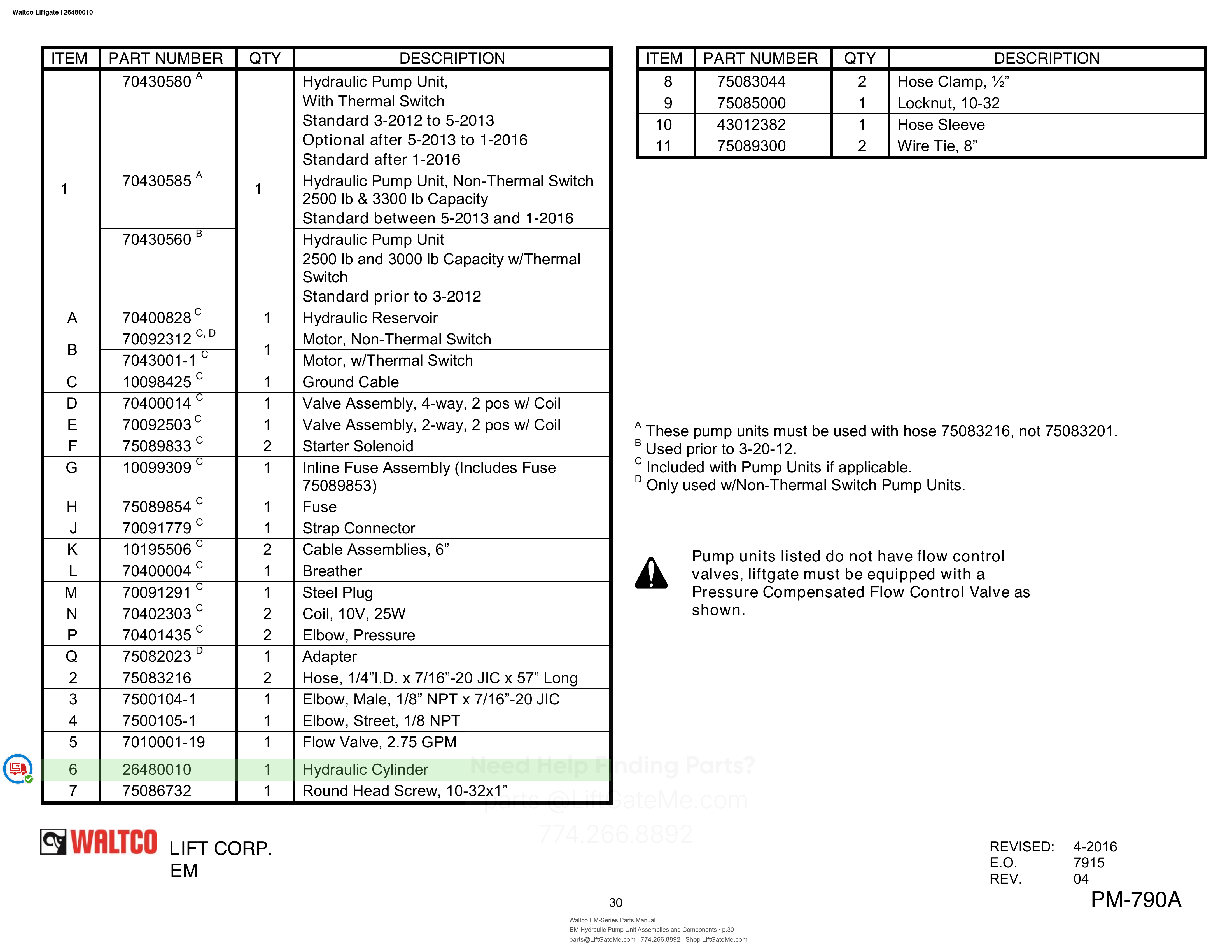 Waltco Liftgate | 26480010 — EM Hydraulic Pump Unit Assemblies and Components · p.30 (Waltco EM-Series Parts Manual)