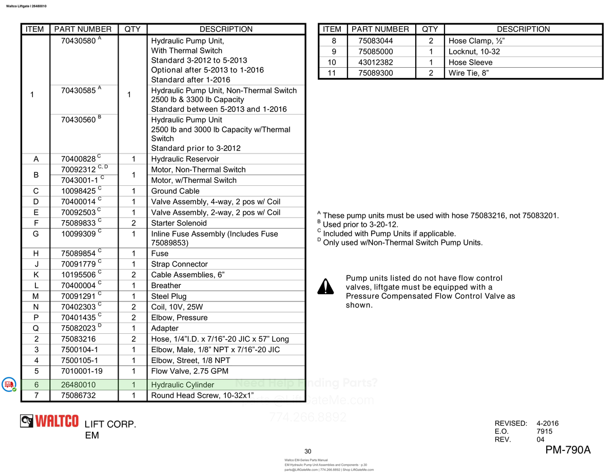 Waltco Liftgate | 26480010 — EM Hydraulic Pump Unit Assemblies and Components · p.30 (Waltco EM-Series Parts Manual)