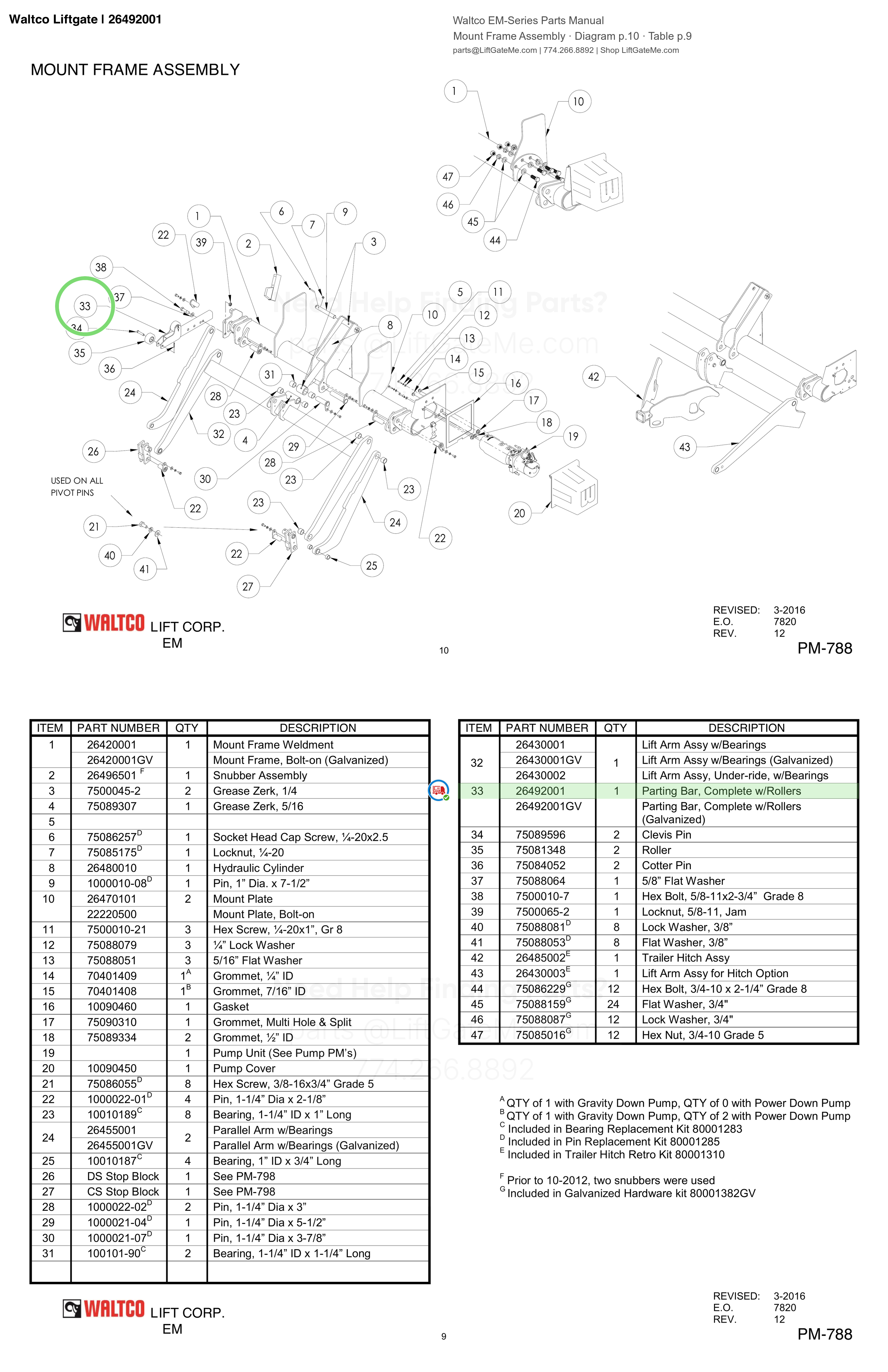 Waltco Liftgate | 26492001 — Mount Frame Assembly · Diagram p.10 · Table p.9 (Waltco EM-Series Parts Manual)