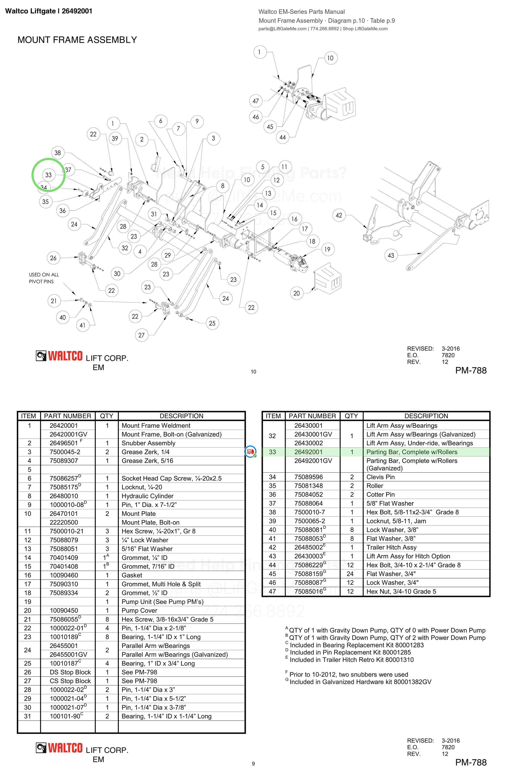 Waltco Liftgate | 26492001 — Mount Frame Assembly · Diagram p.10 · Table p.9 (Waltco EM-Series Parts Manual)