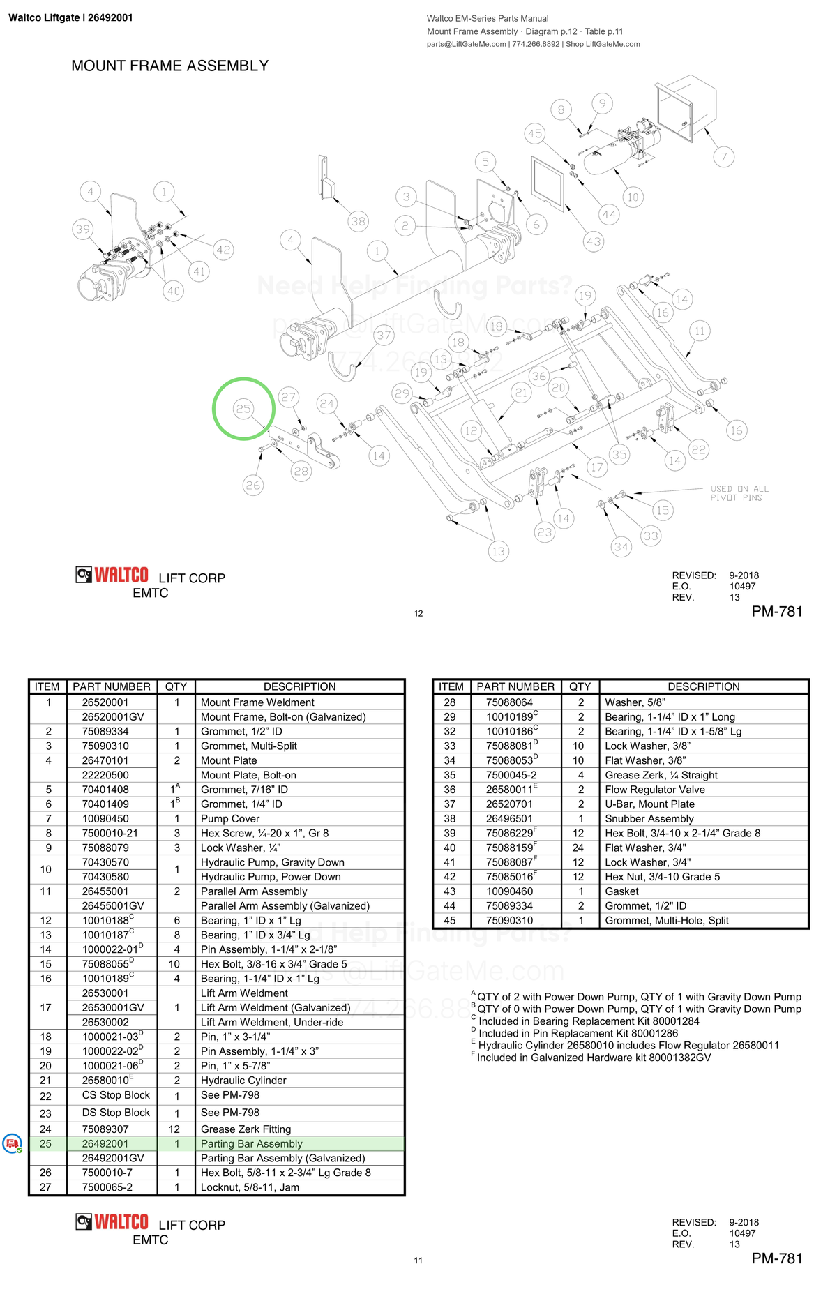 Waltco Liftgate | 26492001 — Mount Frame Assembly · Diagram p.12 · Table p.11 (Waltco EM-Series Parts Manual)