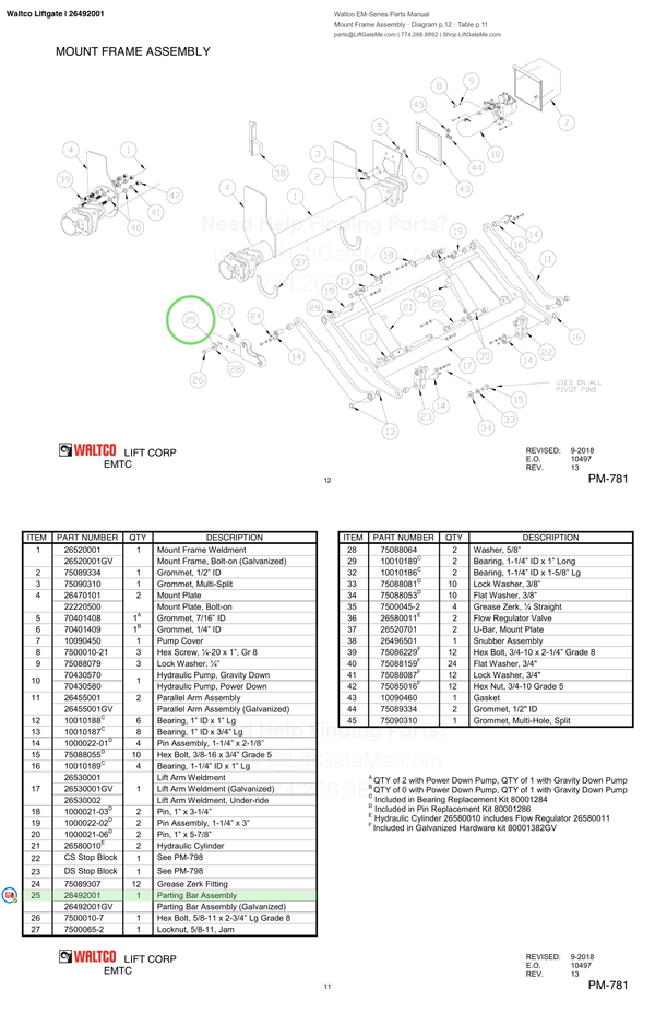 Waltco Liftgate | 26492001 — Mount Frame Assembly · Diagram p.12 · Table p.11 (Waltco EM-Series Parts Manual)