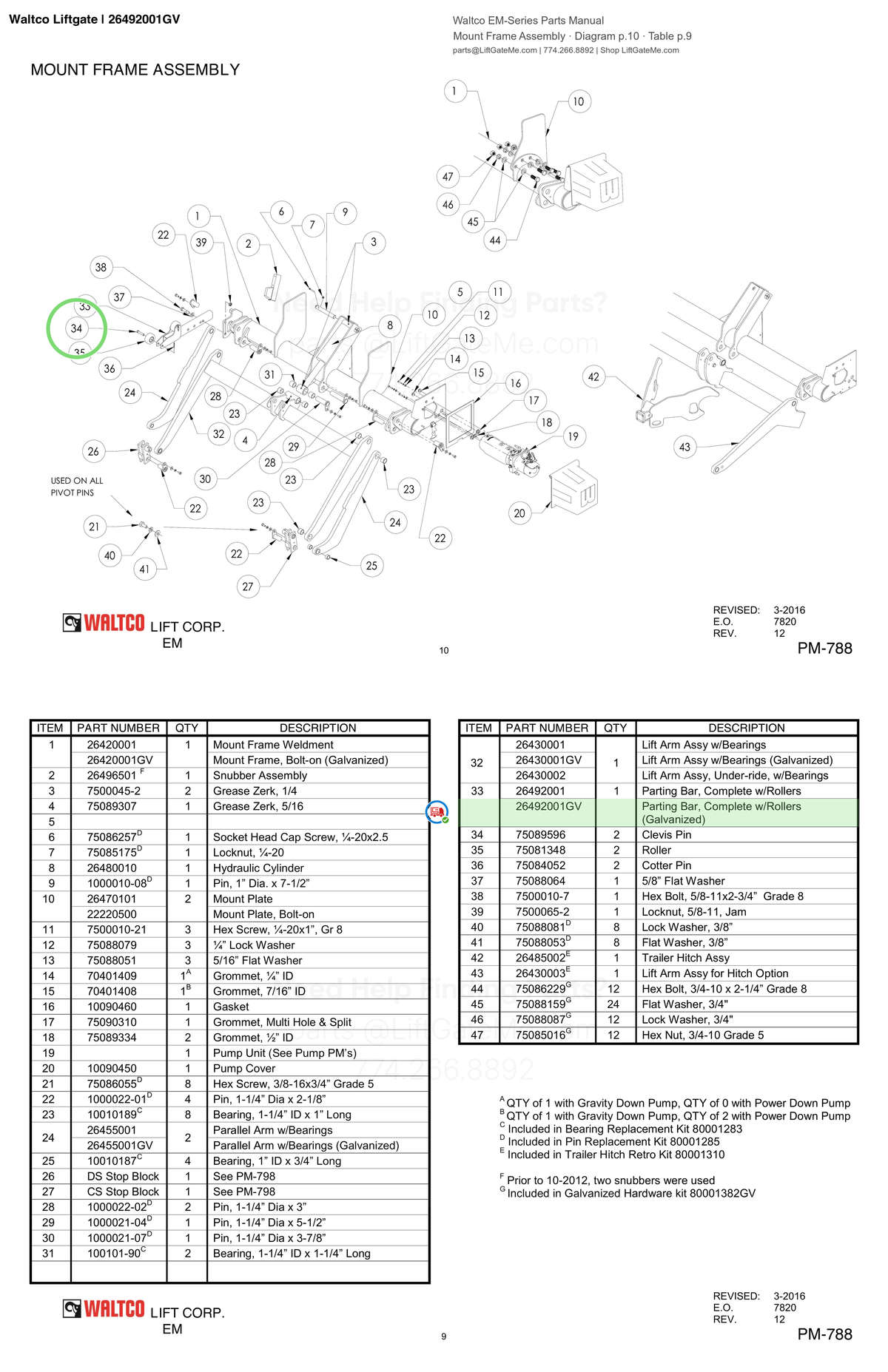 Waltco Liftgate | 26492001gv — Mount Frame Assembly · Diagram p.10 · Table p.9 (Waltco EM-Series Parts Manual)