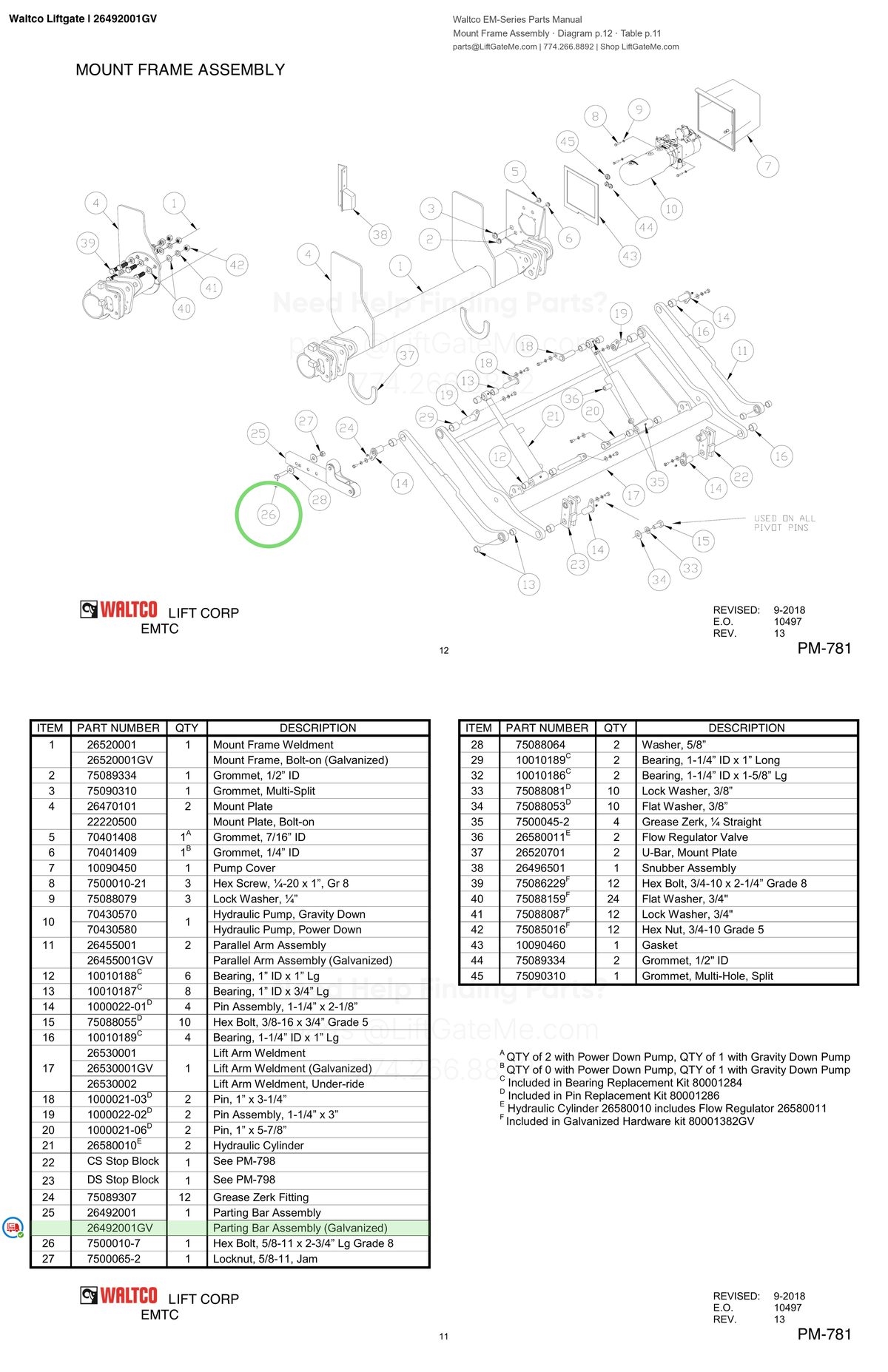Waltco Liftgate | 26492001gv — Mount Frame Assembly · Diagram p.12 · Table p.11 (Waltco EM-Series Parts Manual)