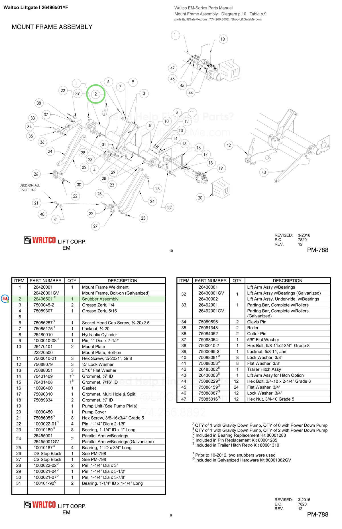 Waltco Liftgate | 26496501 — Mount Frame Assembly · Diagram p.10 · Table p.9 (Waltco EM-Series Parts Manual)