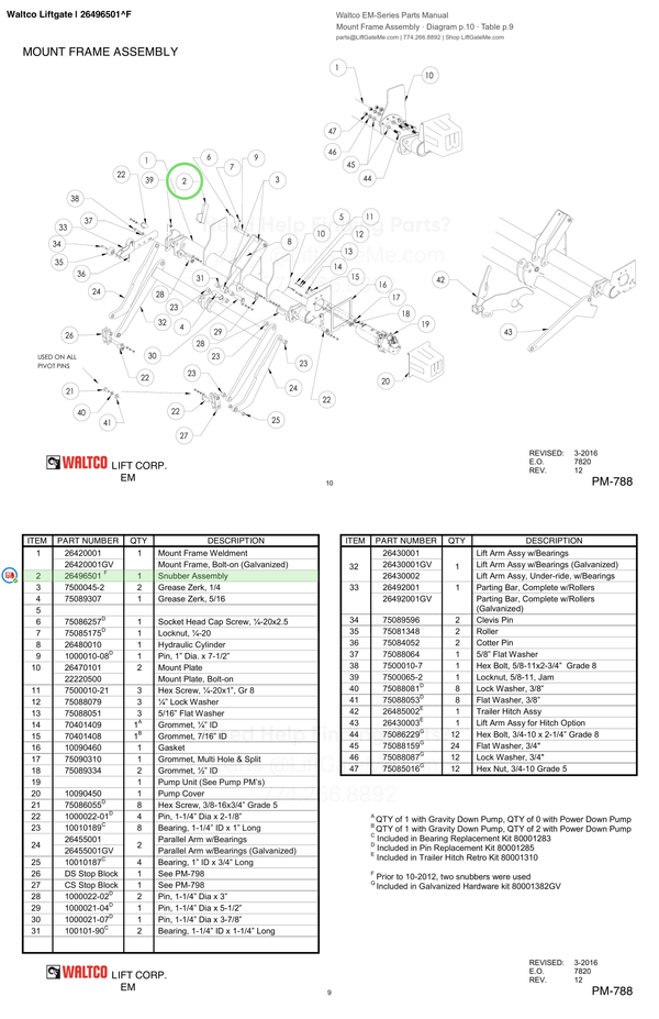 Waltco Liftgate | 26496501 — Mount Frame Assembly · Diagram p.10 · Table p.9 (Waltco EM-Series Parts Manual)