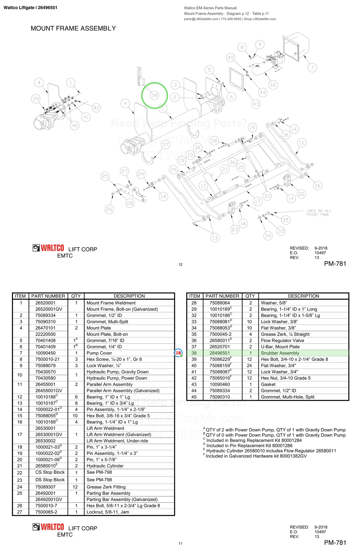 Waltco Liftgate | 26496501 — Mount Frame Assembly · Diagram p.12 · Table p.11 (Waltco EM-Series Parts Manual)