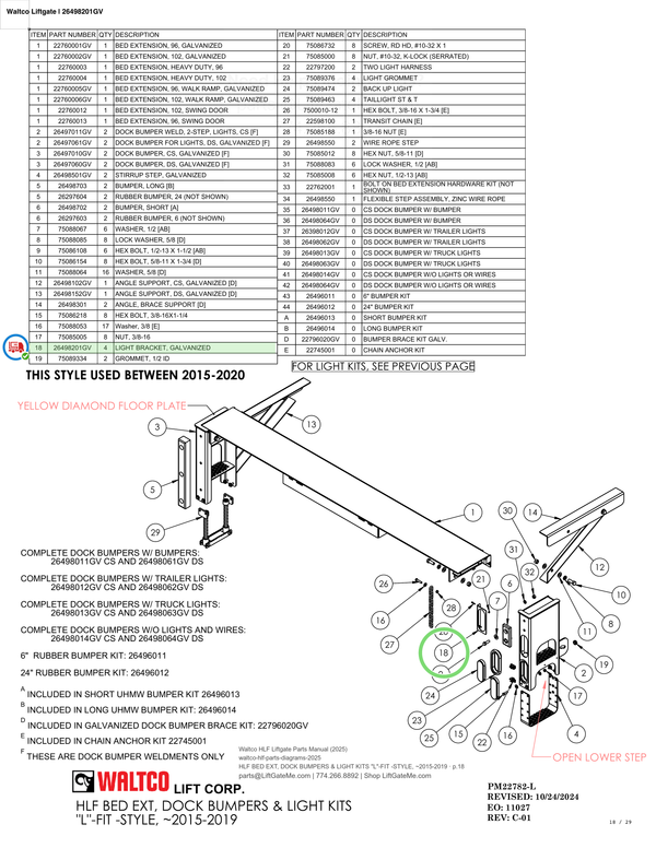 Waltco Liftgate | 26498201gv — HLF BED EXT, DOCK BUMPERS & LIGHT KITS "L"-FIT -STYLE, ~2015-2019 · p.18 (Waltco HLF Parts Manual)
