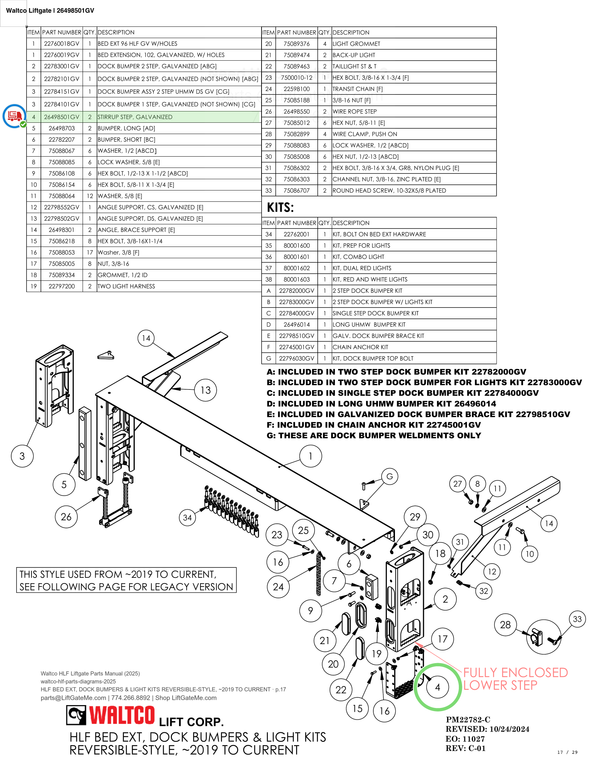 Waltco Liftgate | 26498501gv — HLF BED EXT, DOCK BUMPERS & LIGHT KITS REVERSIBLE-STYLE, ~2019 TO CURRENT · p.17 (Waltco HLF Parts Manual)
