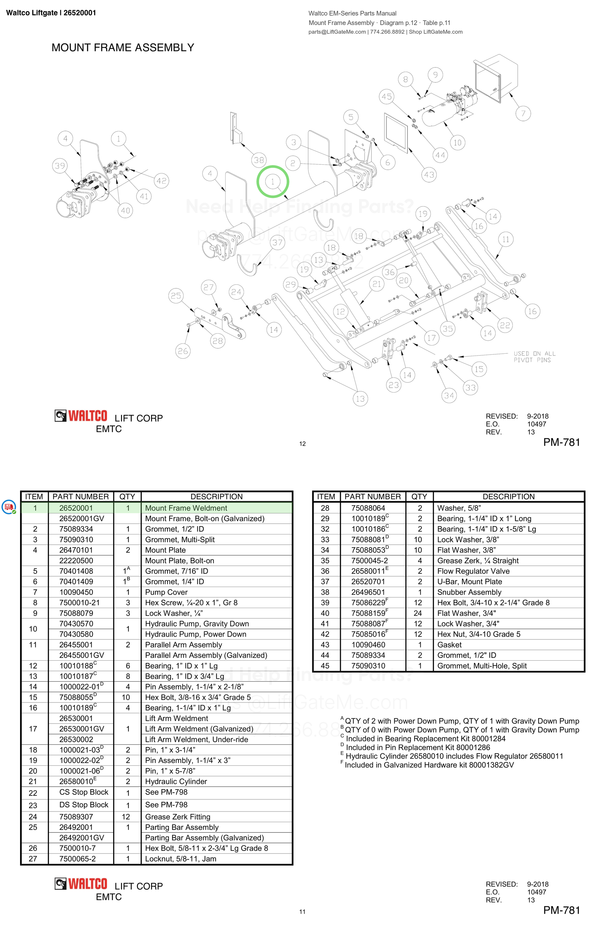 Waltco Liftgate | 26520001 — Mount Frame Assembly · Diagram p.12 · Table p.11 (Waltco EM-Series Parts Manual)