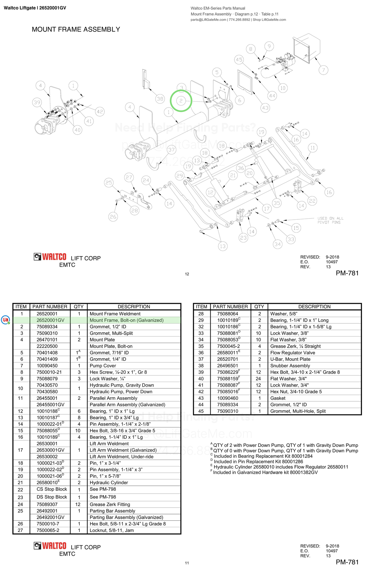 Waltco Liftgate | 26520001gv — Mount Frame Assembly · Diagram p.12 · Table p.11 (Waltco EM-Series Parts Manual)