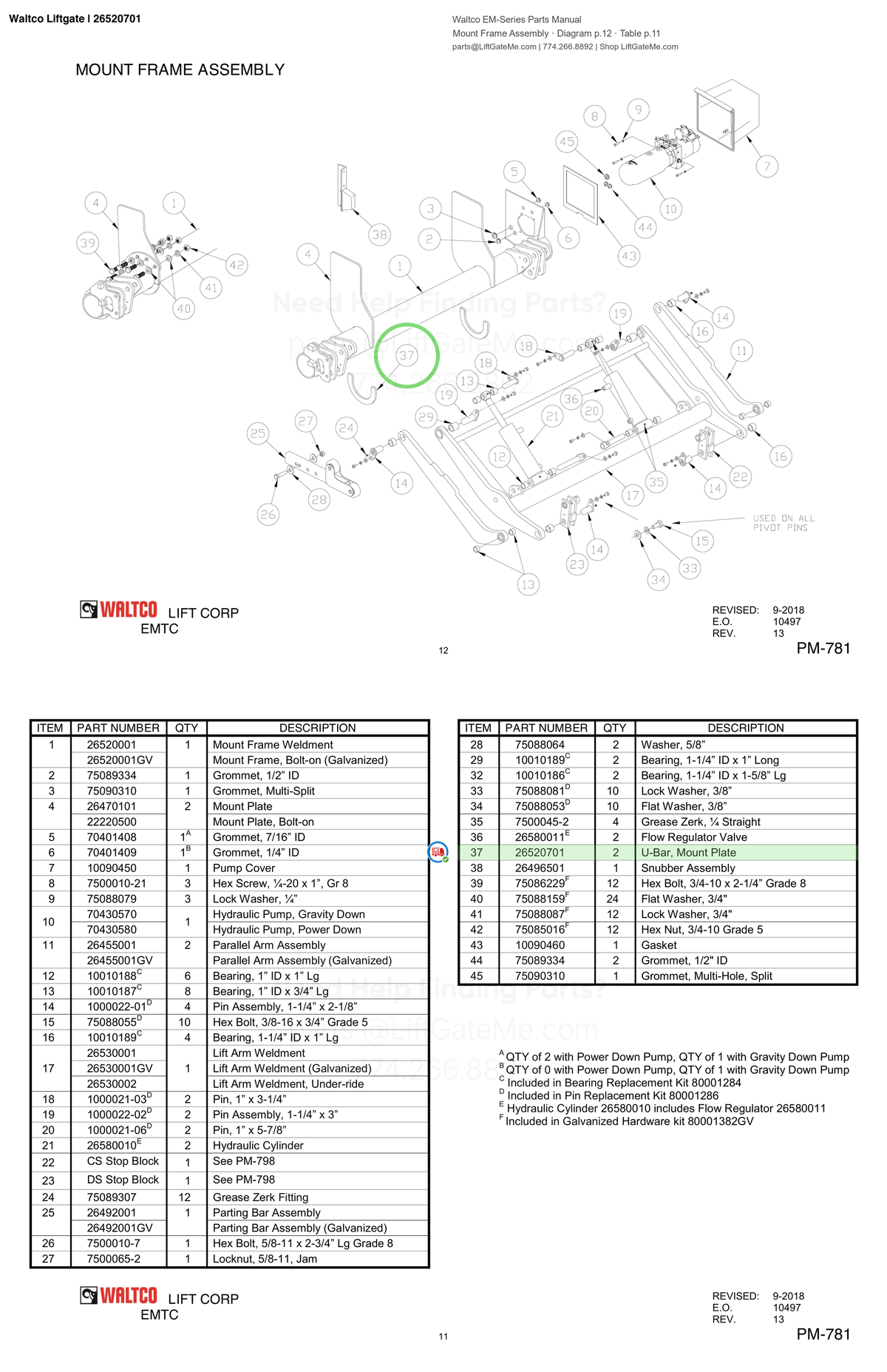 Waltco Liftgate | 26520701 — Mount Frame Assembly · Diagram p.12 · Table p.11 (Waltco EM-Series Parts Manual)