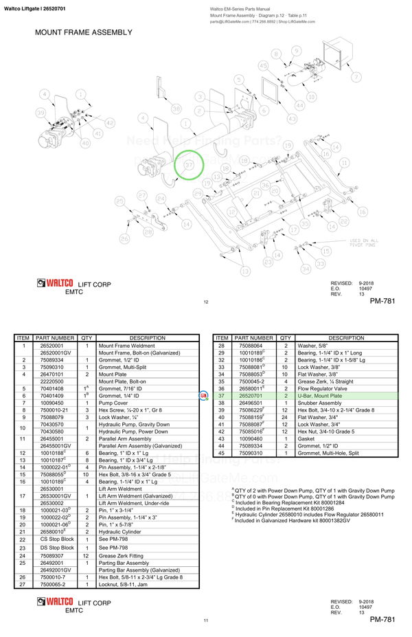 Waltco Liftgate | 26520701 — Mount Frame Assembly · Diagram p.12 · Table p.11 (Waltco EM-Series Parts Manual)