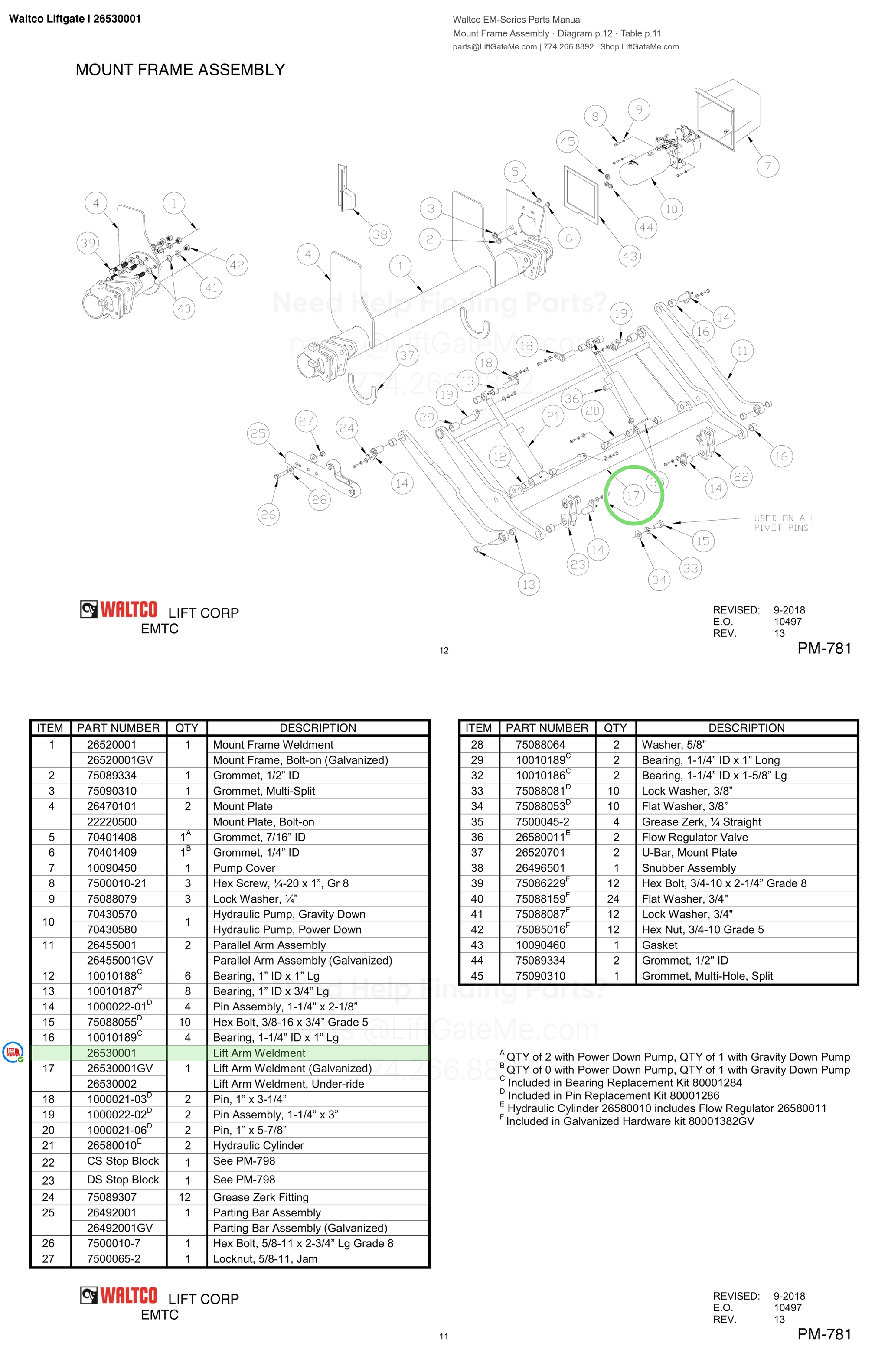 Waltco Liftgate | 26530001 — Mount Frame Assembly · Diagram p.12 · Table p.11 (Waltco EM-Series Parts Manual)
