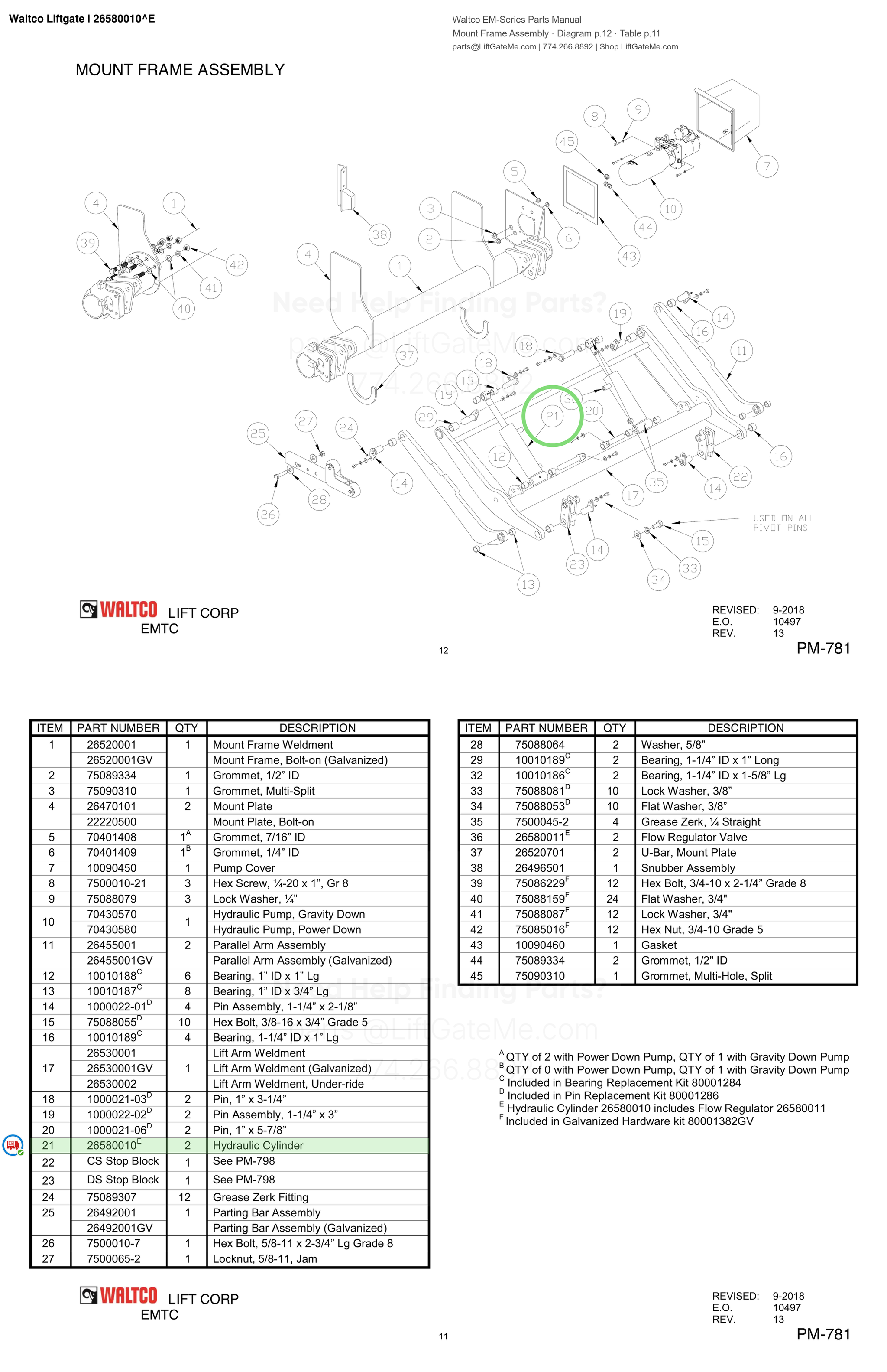 Waltco Liftgate | 26580010 — Mount Frame Assembly · Diagram p.12 · Table p.11 (Waltco EM-Series Parts Manual)