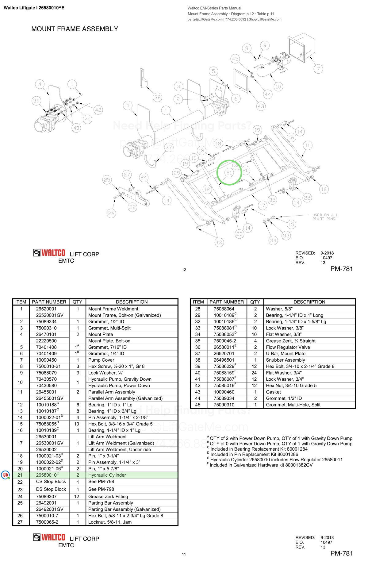 Waltco Liftgate | 26580010 — Mount Frame Assembly · Diagram p.12 · Table p.11 (Waltco EM-Series Parts Manual)