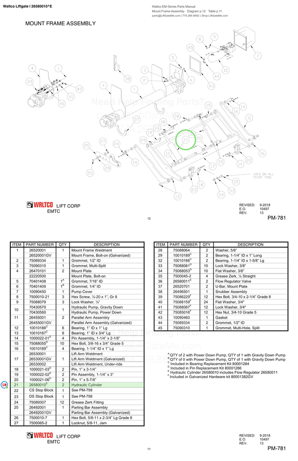 Waltco Liftgate | 26580010 — Mount Frame Assembly · Diagram p.12 · Table p.11 (Waltco EM-Series Parts Manual)
