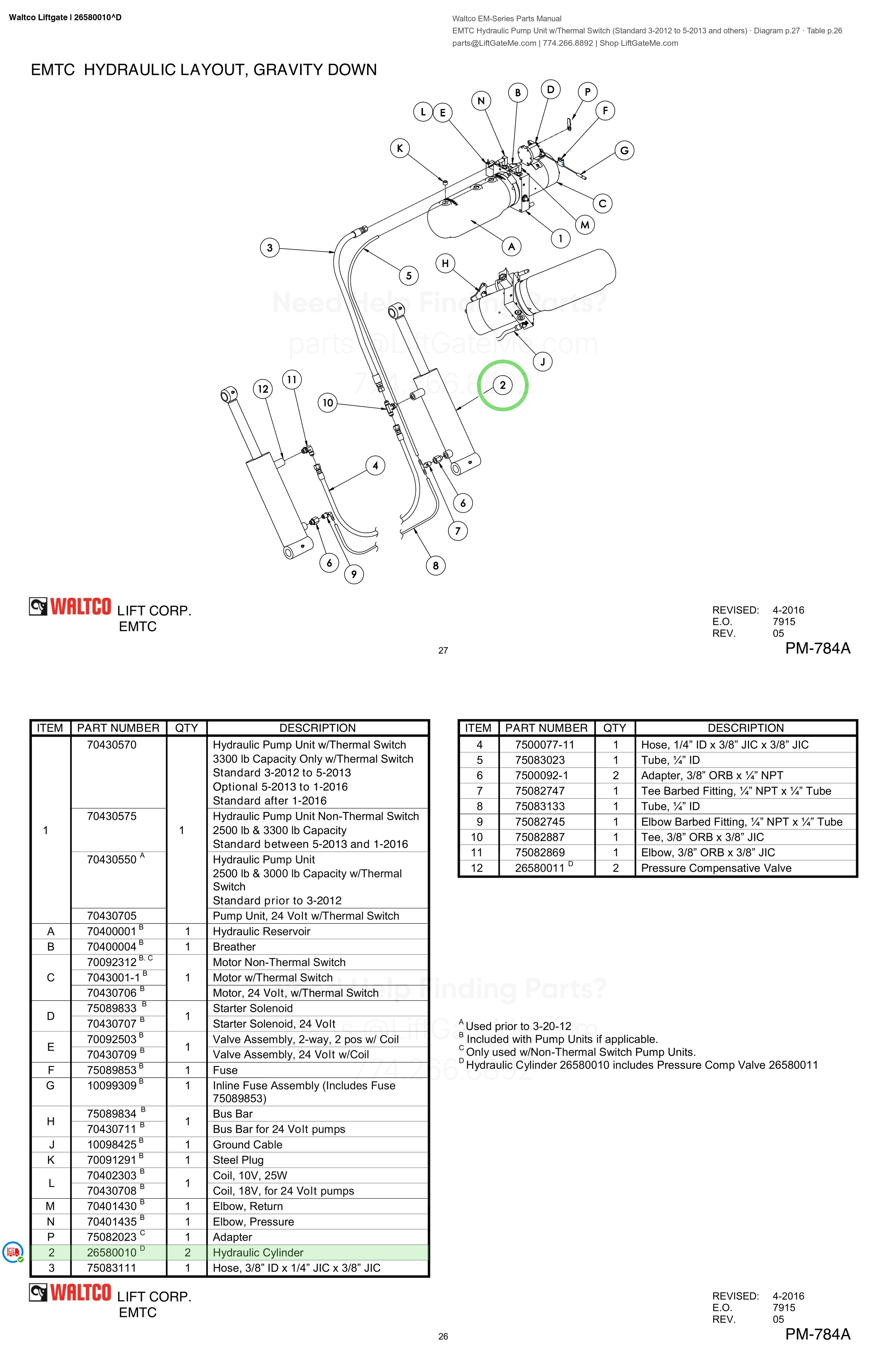 Waltco Liftgate | 26580010 — EMTC Hydraulic Pump Unit w/Thermal Switch (Standard 3-2012 to 5-2013 and others) · Diagram p.27 · Table p.26 (Waltco EM-Series Parts Manual)