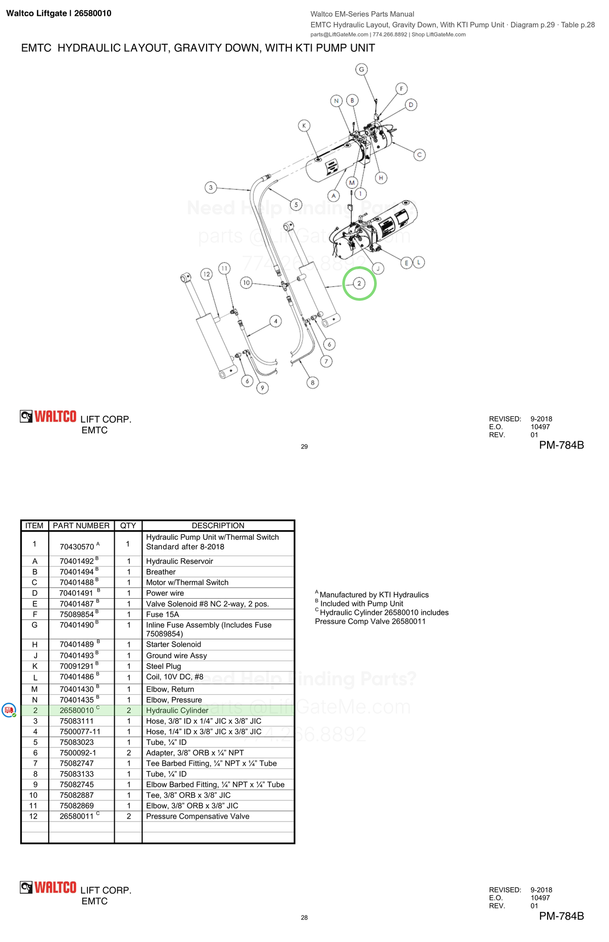 Waltco Liftgate | 26580010 — EMTC Hydraulic Layout, Gravity Down, With KTI Pump Unit · Diagram p.29 · Table p.28 (Waltco EM-Series Parts Manual)