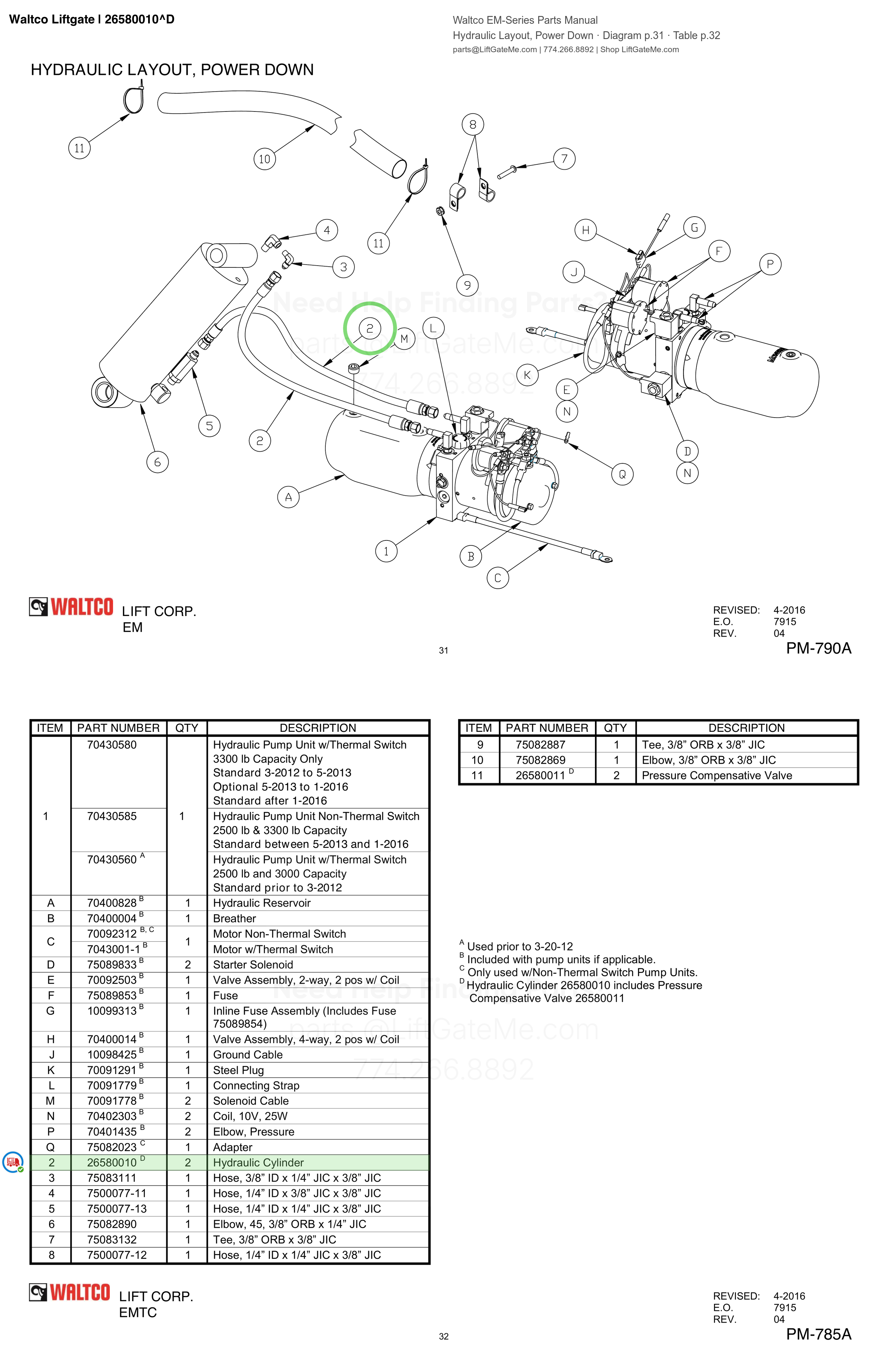 Waltco Liftgate | 26580010 — Hydraulic Layout, Power Down · Diagram p.31 · Table p.32 (Waltco EM-Series Parts Manual)