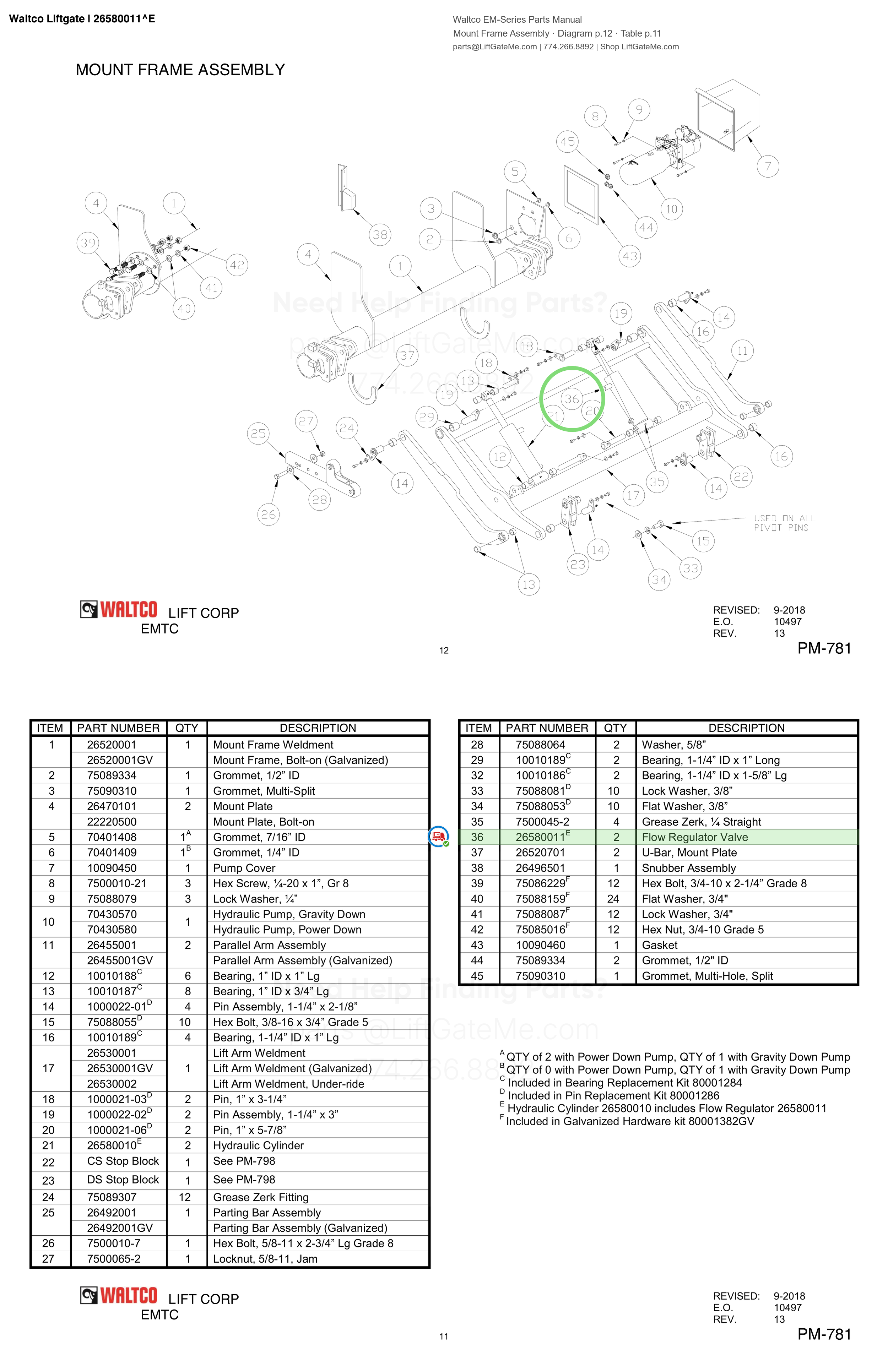 Waltco Liftgate | 26580011 — Mount Frame Assembly · Diagram p.12 · Table p.11 (Waltco EM-Series Parts Manual)