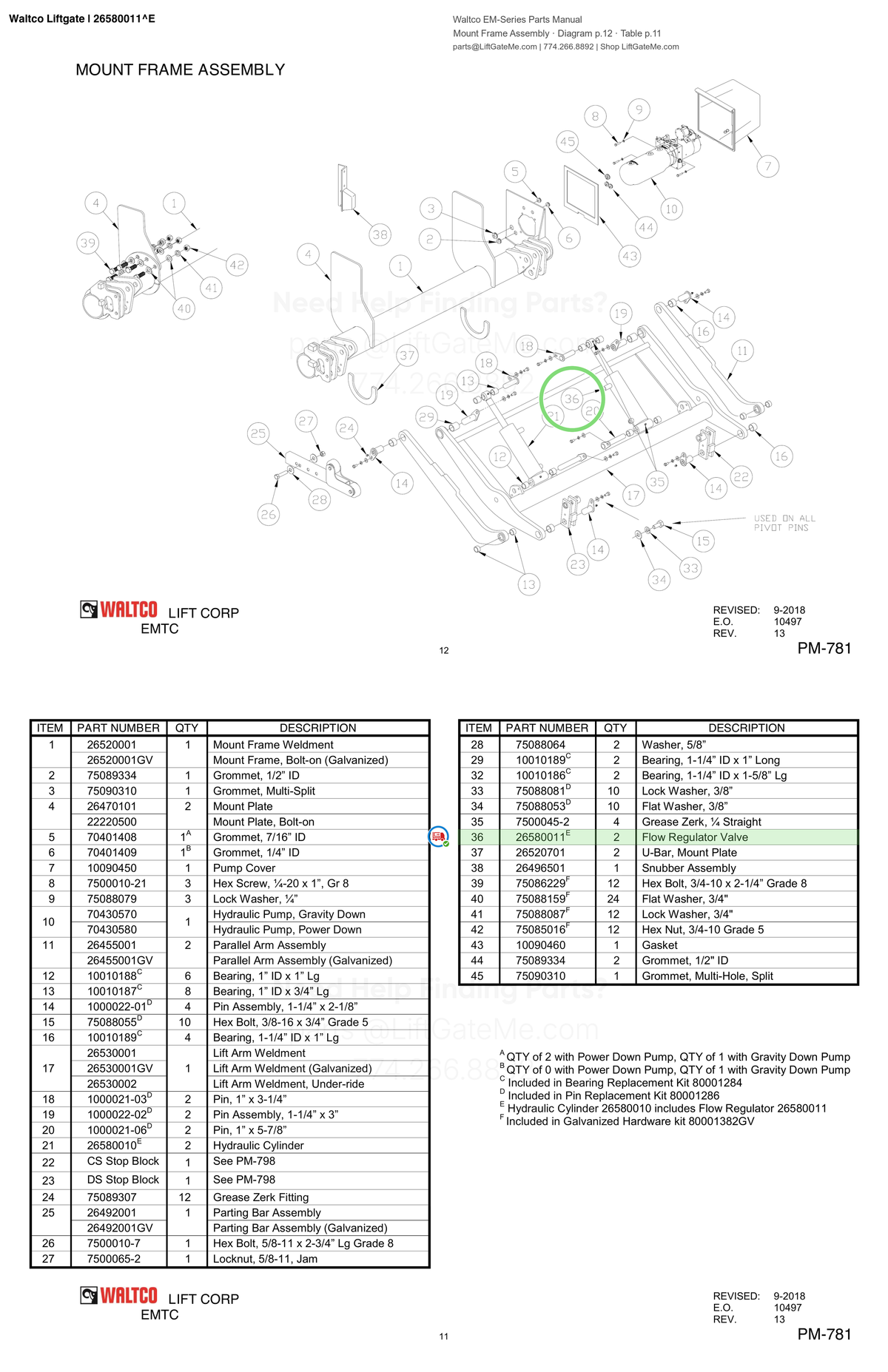 Waltco Liftgate | 26580011 — Mount Frame Assembly · Diagram p.12 · Table p.11 (Waltco EM-Series Parts Manual)