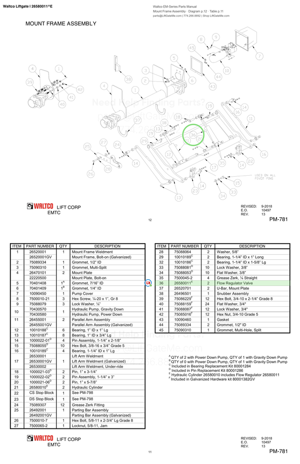 Waltco Liftgate | 26580011 — Mount Frame Assembly · Diagram p.12 · Table p.11 (Waltco EM-Series Parts Manual)
