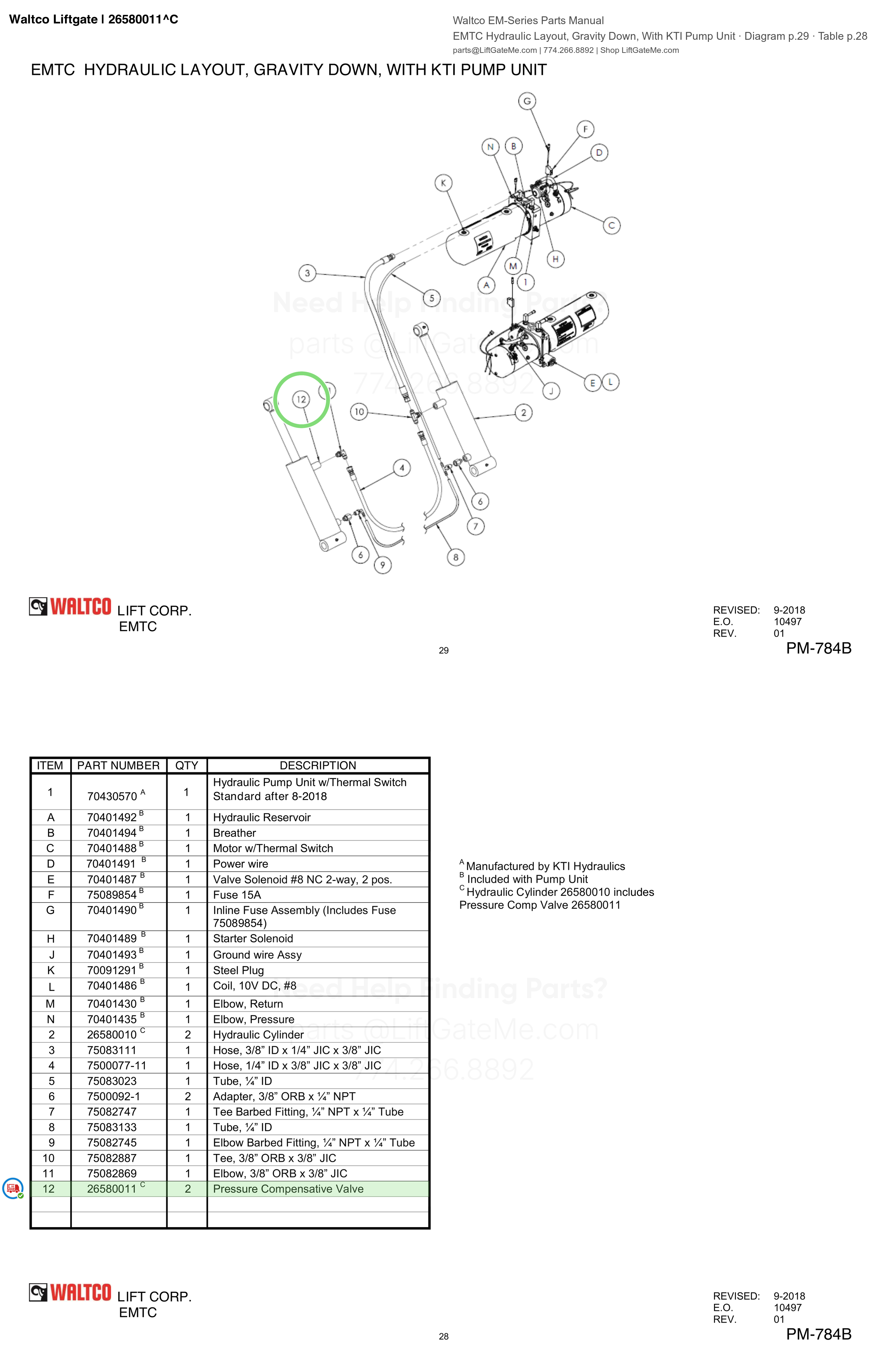 Waltco Liftgate | 26580011 — EMTC Hydraulic Layout, Gravity Down, With KTI Pump Unit · Diagram p.29 · Table p.28 (Waltco EM-Series Parts Manual)