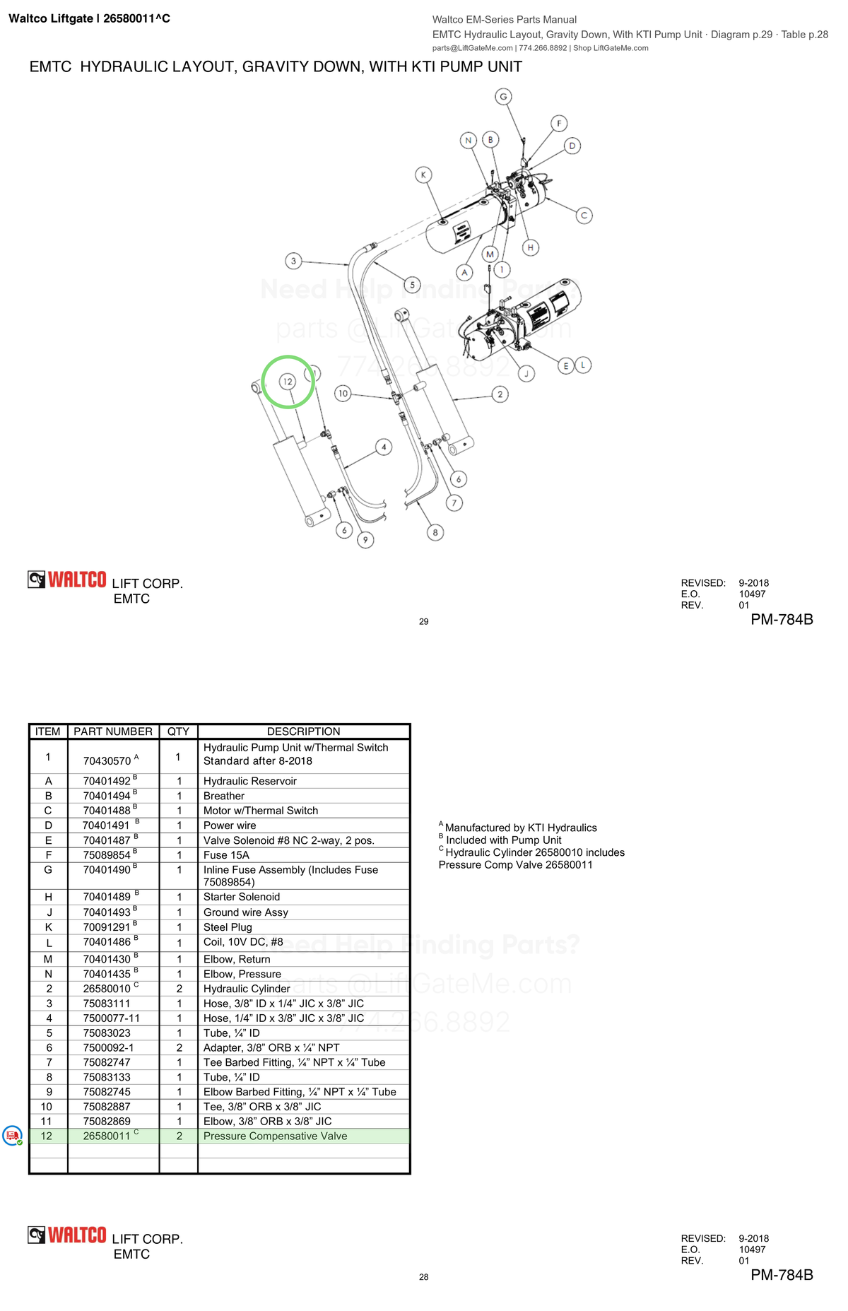 Waltco Liftgate | 26580011 — EMTC Hydraulic Layout, Gravity Down, With KTI Pump Unit · Diagram p.29 · Table p.28 (Waltco EM-Series Parts Manual)