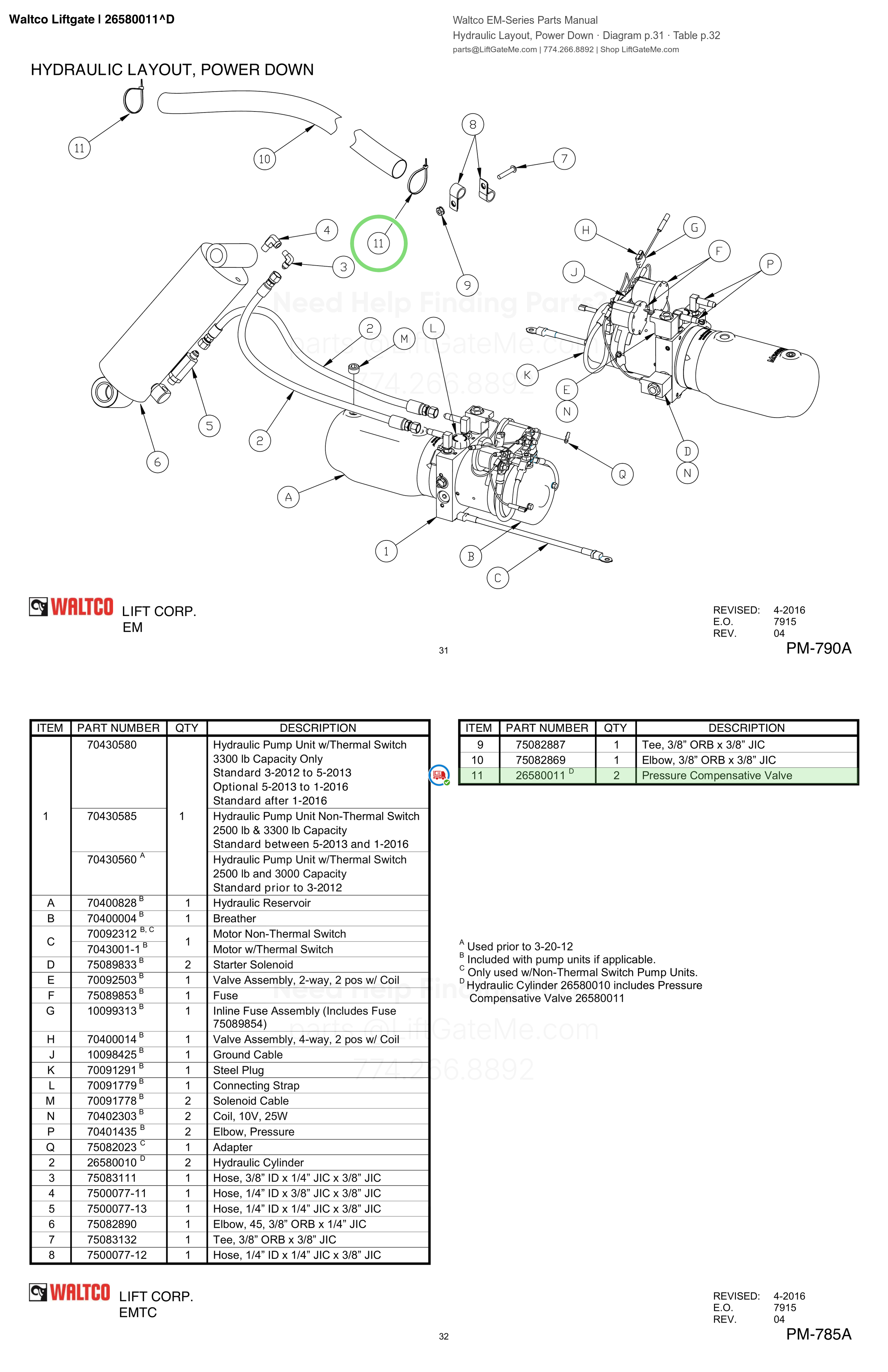 Waltco Liftgate | 26580011 — Hydraulic Layout, Power Down · Diagram p.31 · Table p.32 (Waltco EM-Series Parts Manual)