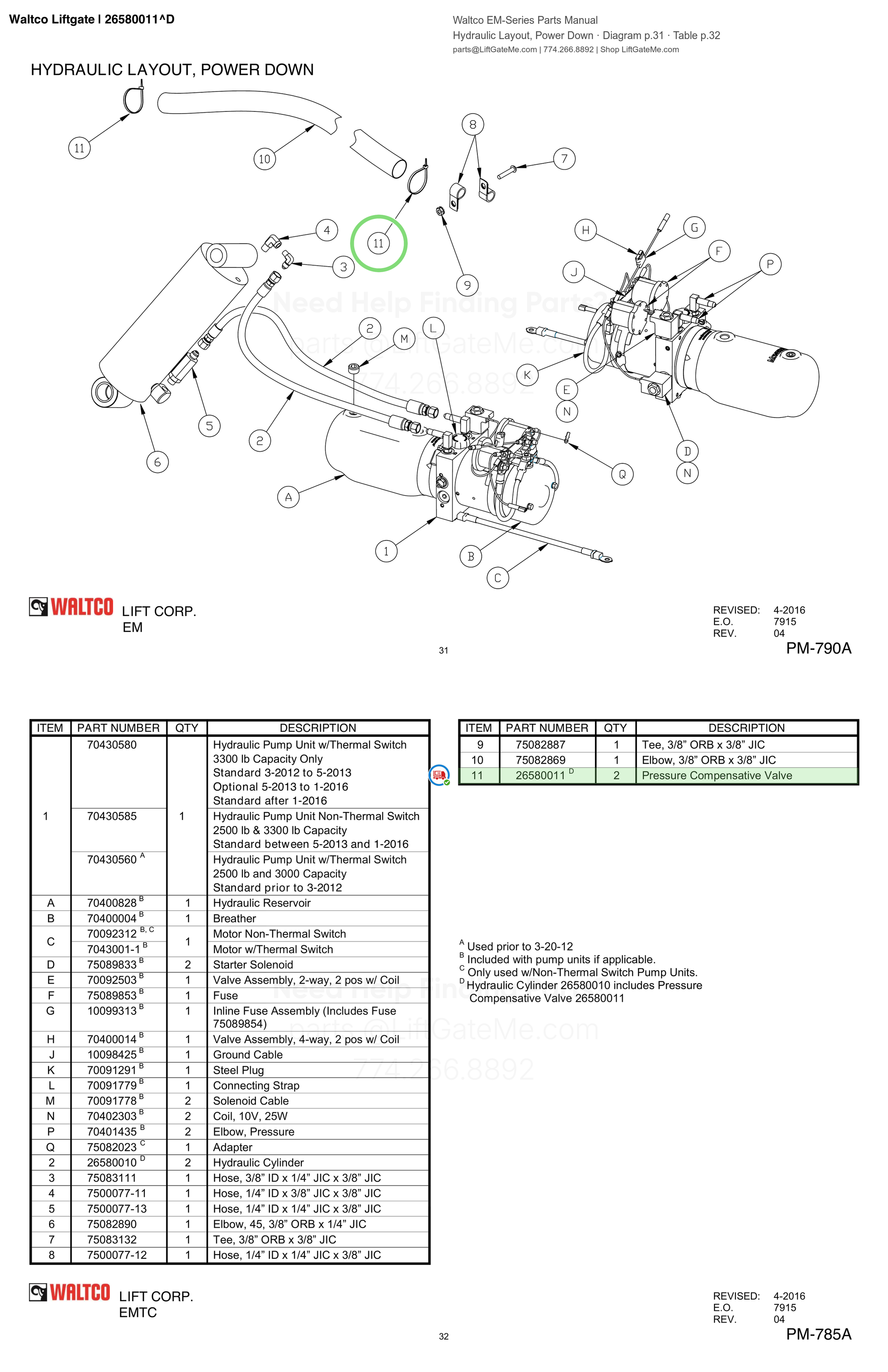 Waltco Liftgate | 26580011 — Hydraulic Layout, Power Down · Diagram p.31 · Table p.32 (Waltco EM-Series Parts Manual)