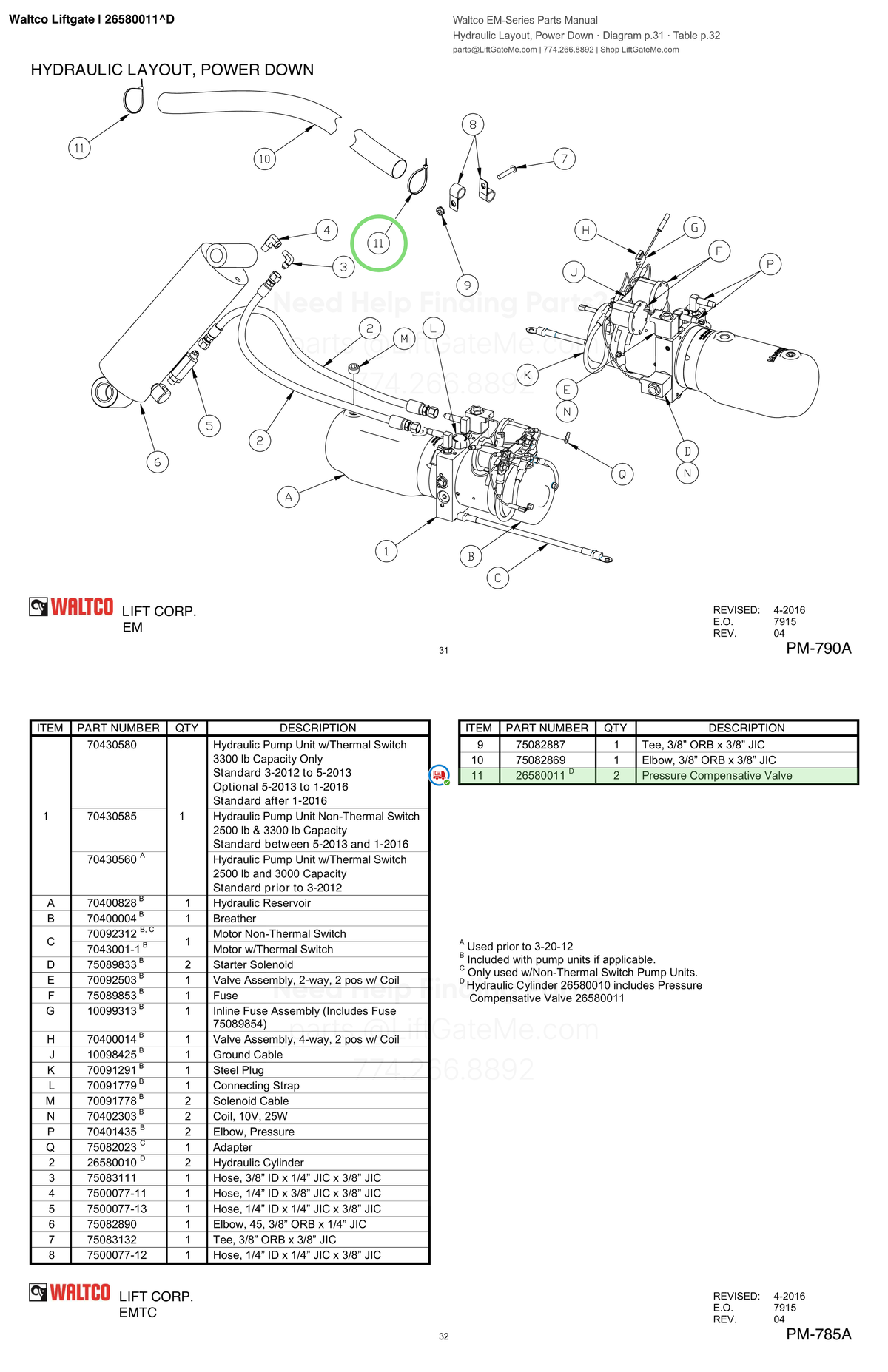 Waltco Liftgate | 26580011 — Hydraulic Layout, Power Down · Diagram p.31 · Table p.32 (Waltco EM-Series Parts Manual)
