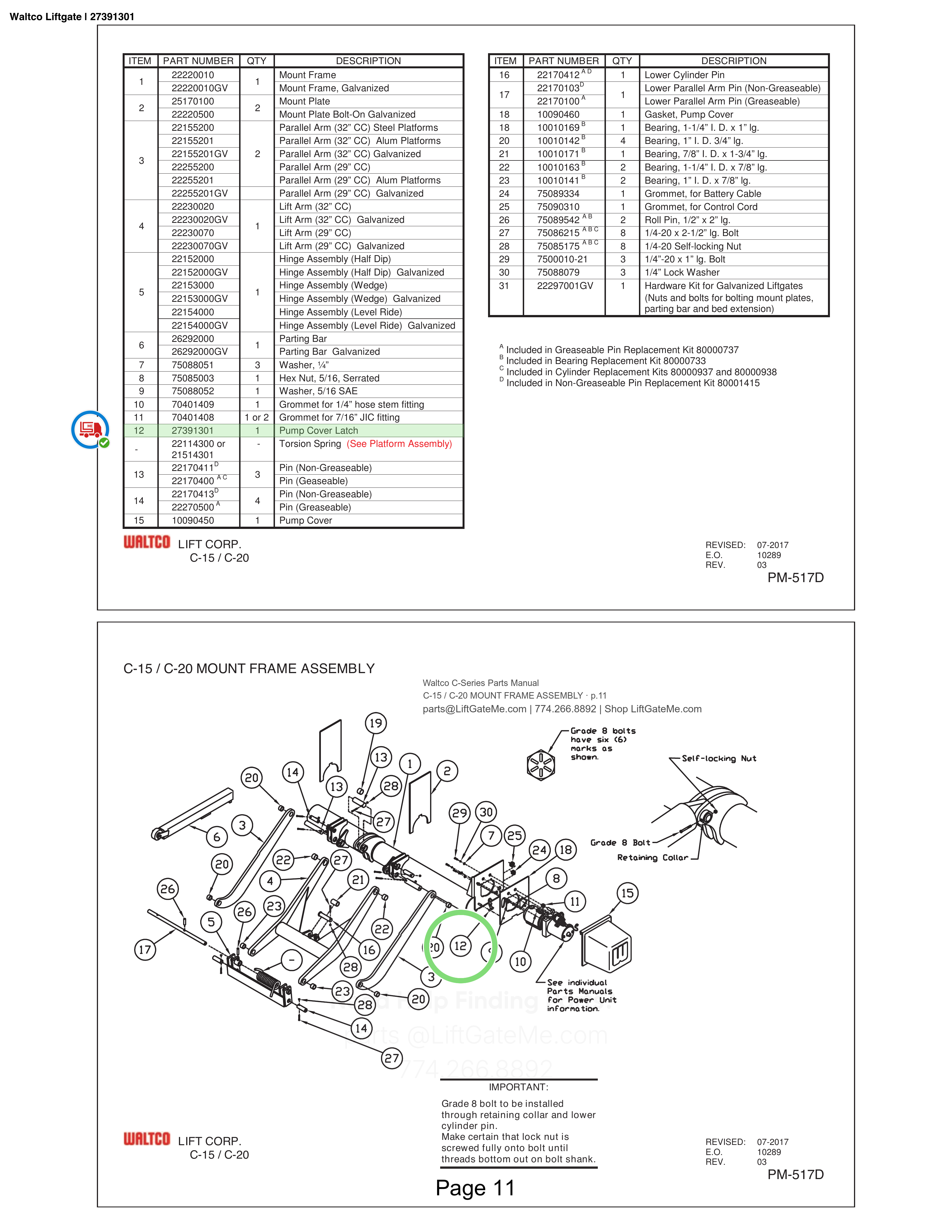 Waltco Liftgate | 27391301 — C-15 / C-20 MOUNT FRAME ASSEMBLY · p.11 (Waltco C-Series Parts Manual)