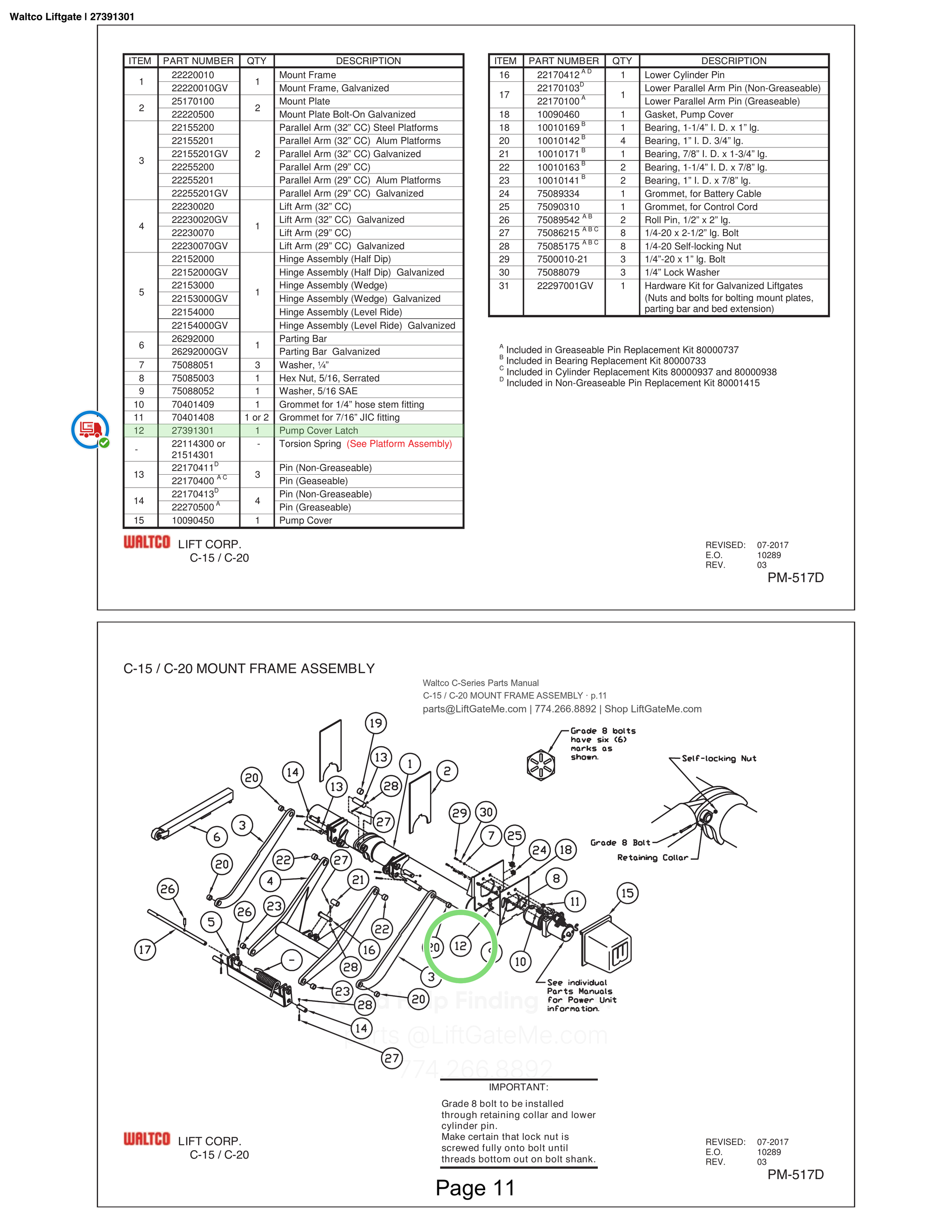 Waltco Liftgate | 27391301 — C-15 / C-20 MOUNT FRAME ASSEMBLY · p.11 (Waltco C-Series Parts Manual)