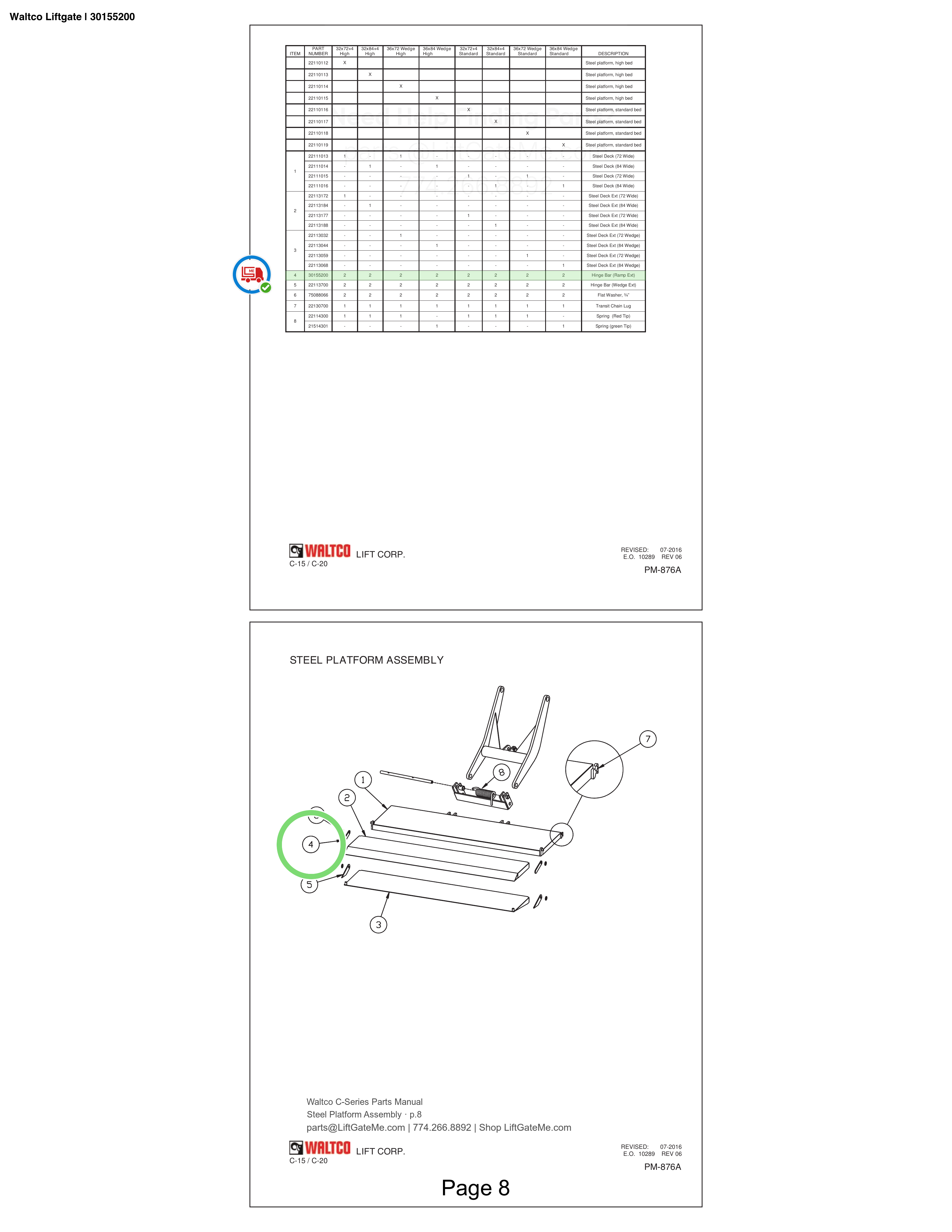 Waltco Liftgate | 30155200 — Steel Platform Assembly · p.8 (Waltco C-Series Parts Manual)