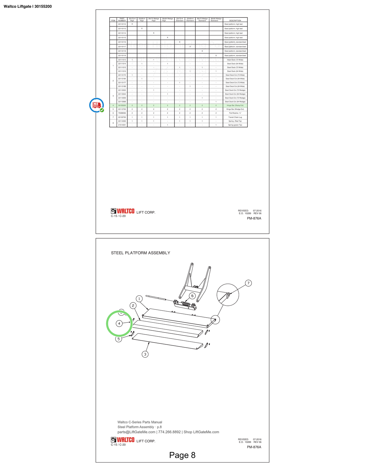 Waltco Liftgate | 30155200 — Steel Platform Assembly · p.8 (Waltco C-Series Parts Manual)