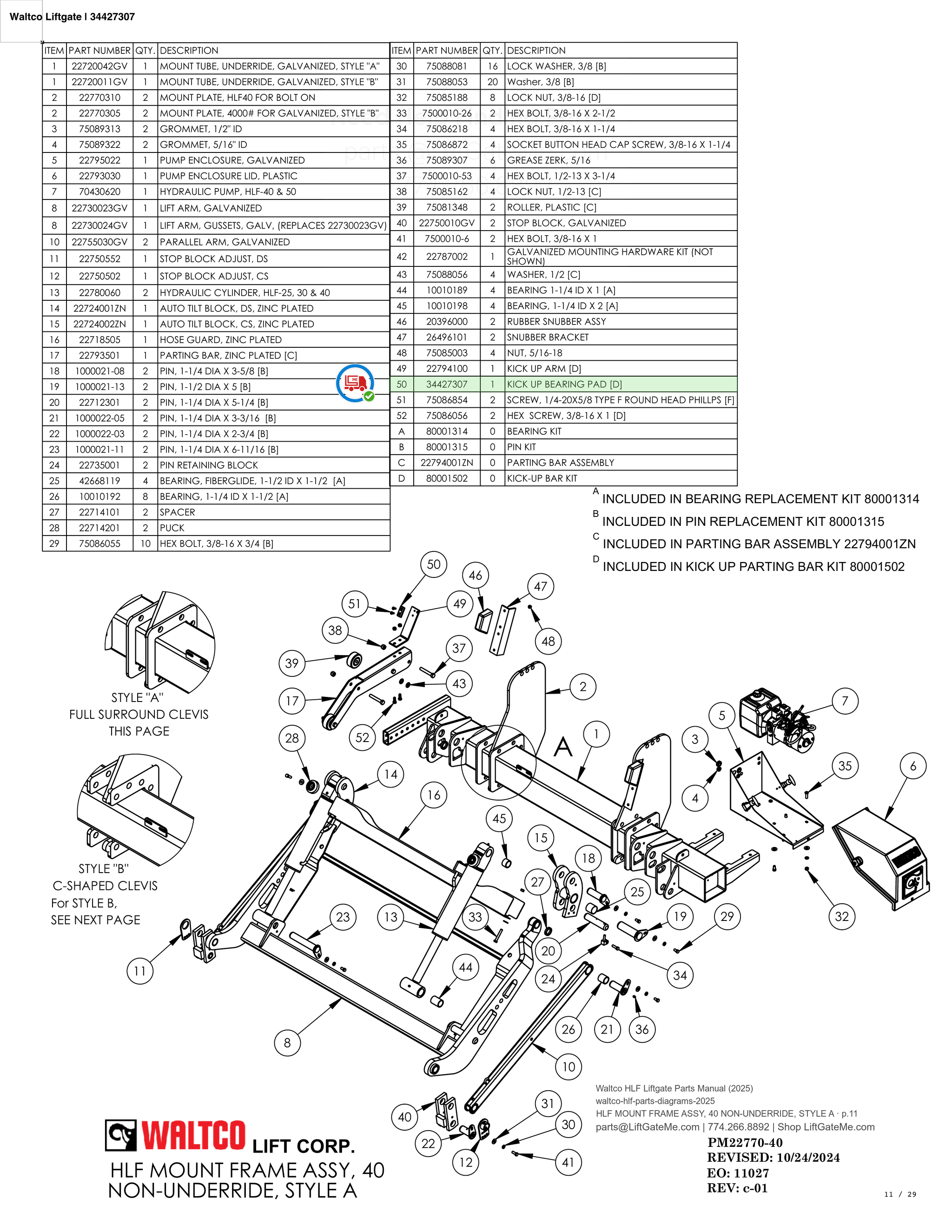 Waltco Liftgate | 34427307 — HLF MOUNT FRAME ASSY, 40 NON-UNDERRIDE, STYLE A · p.11 (Waltco HLF Parts Manual)