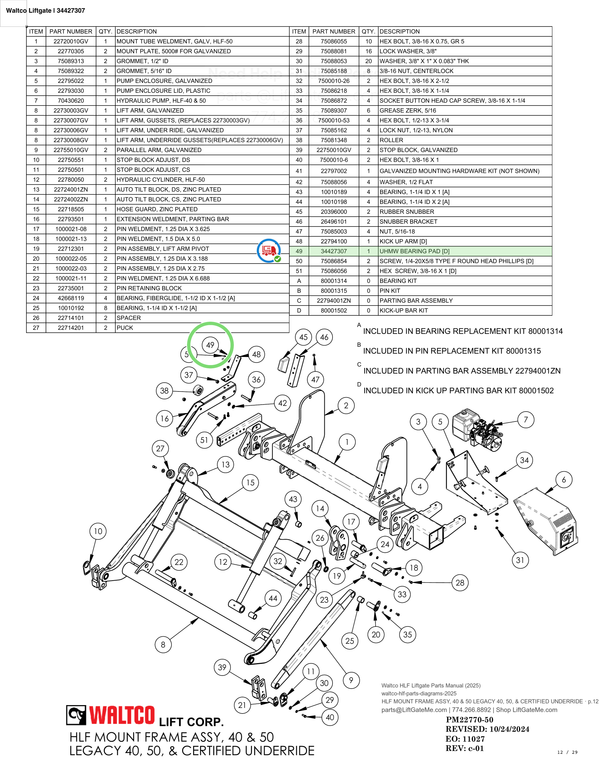 Waltco Liftgate | 34427307 — HLF MOUNT FRAME ASSY, 40 & 50 LEGACY 40, 50, & CERTIFIED UNDERRIDE · p.12 (Waltco HLF Parts Manual)