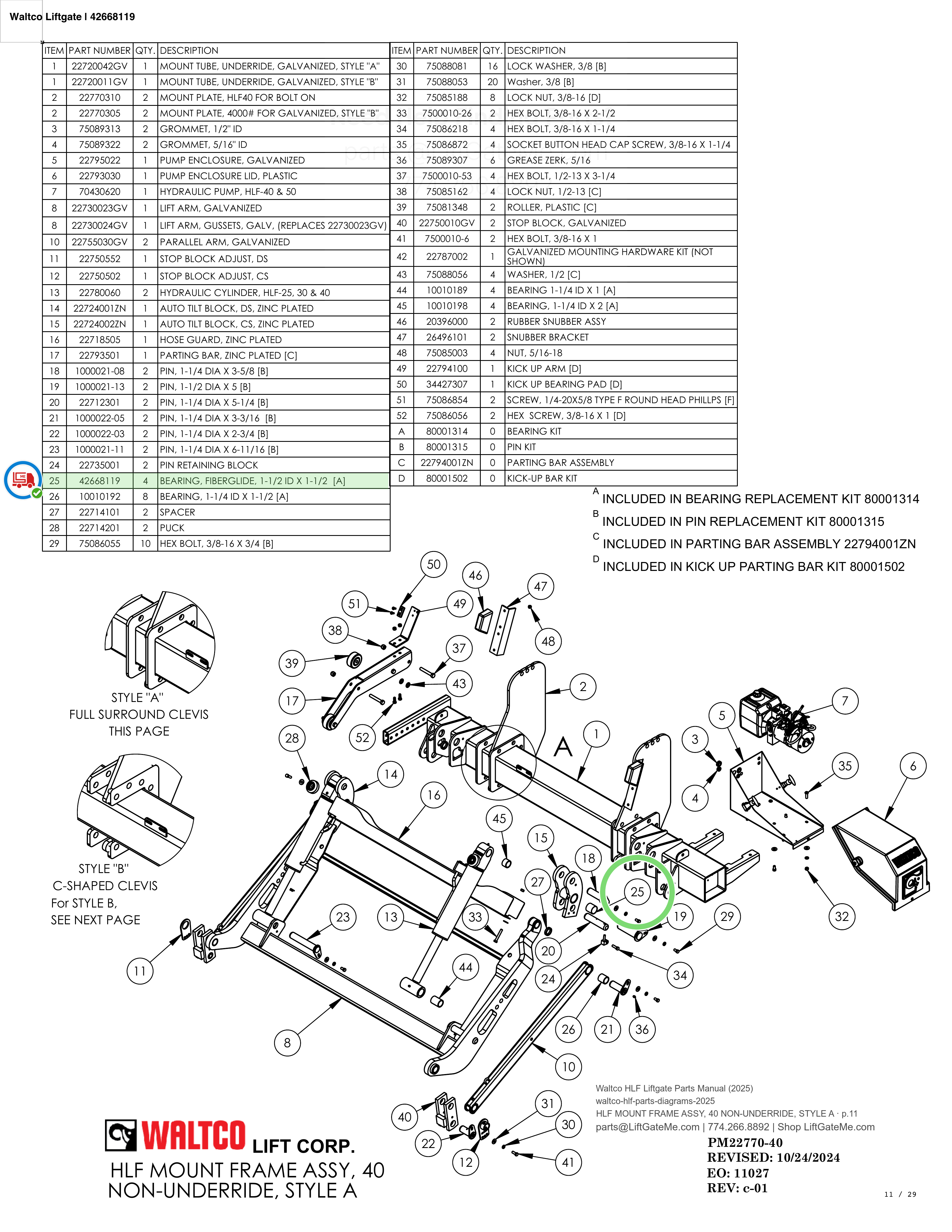 Waltco Liftgate | 42668119 — HLF MOUNT FRAME ASSY, 40 NON-UNDERRIDE, STYLE A · p.11 (Waltco HLF Parts Manual)