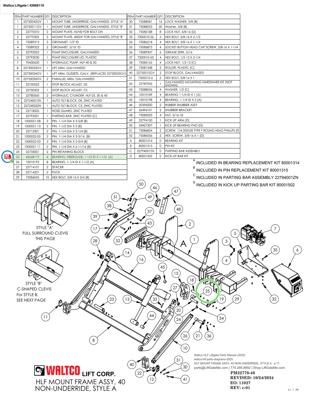 Waltco Liftgate | 42668119 — HLF MOUNT FRAME ASSY, 40 NON-UNDERRIDE, STYLE A · p.11 (Waltco HLF Parts Manual)