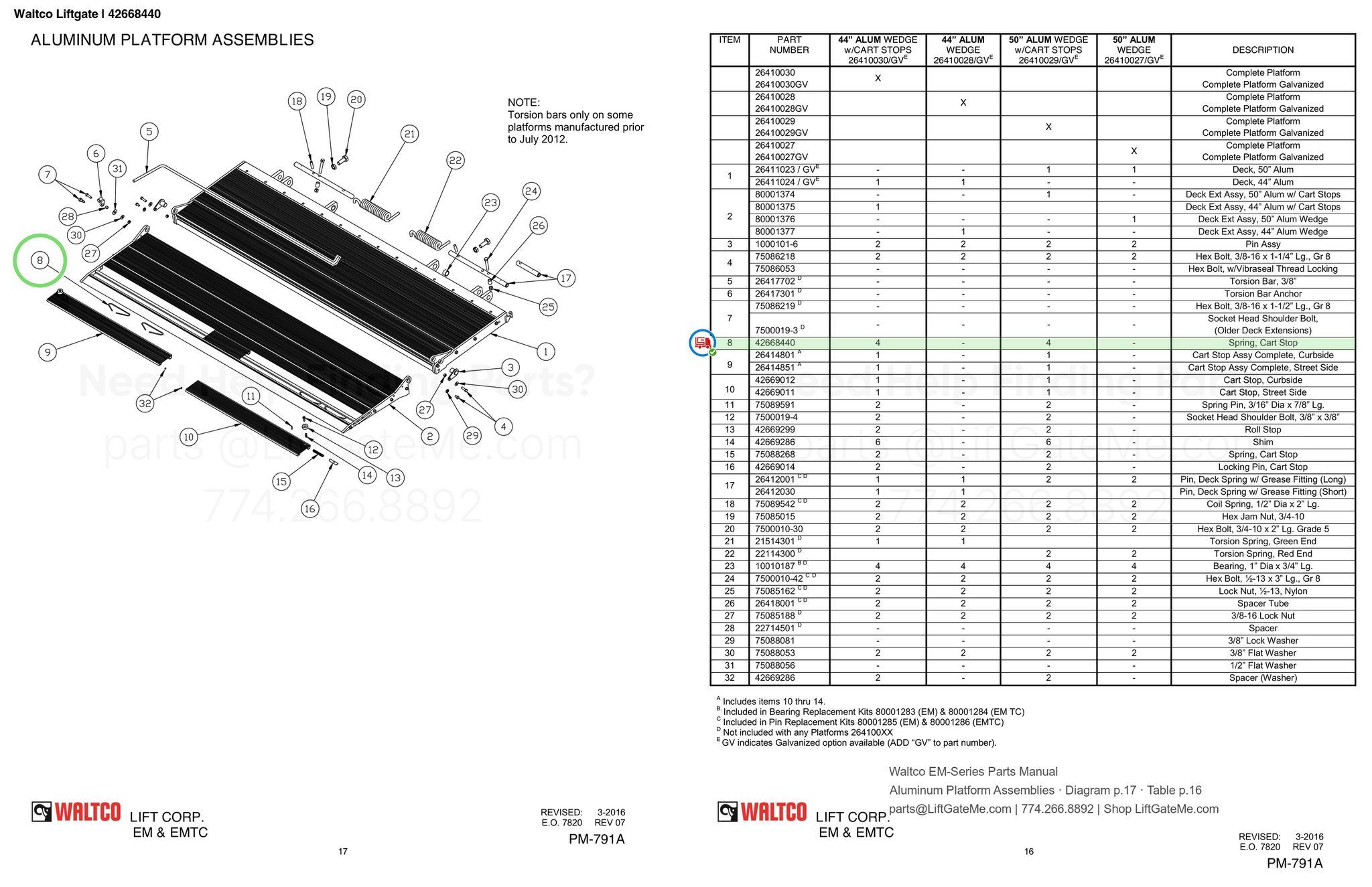Waltco Liftgate | 42668440 — Aluminum Platform Assemblies · Diagram p.17 · Table p.16 (Waltco EM-Series Parts Manual)